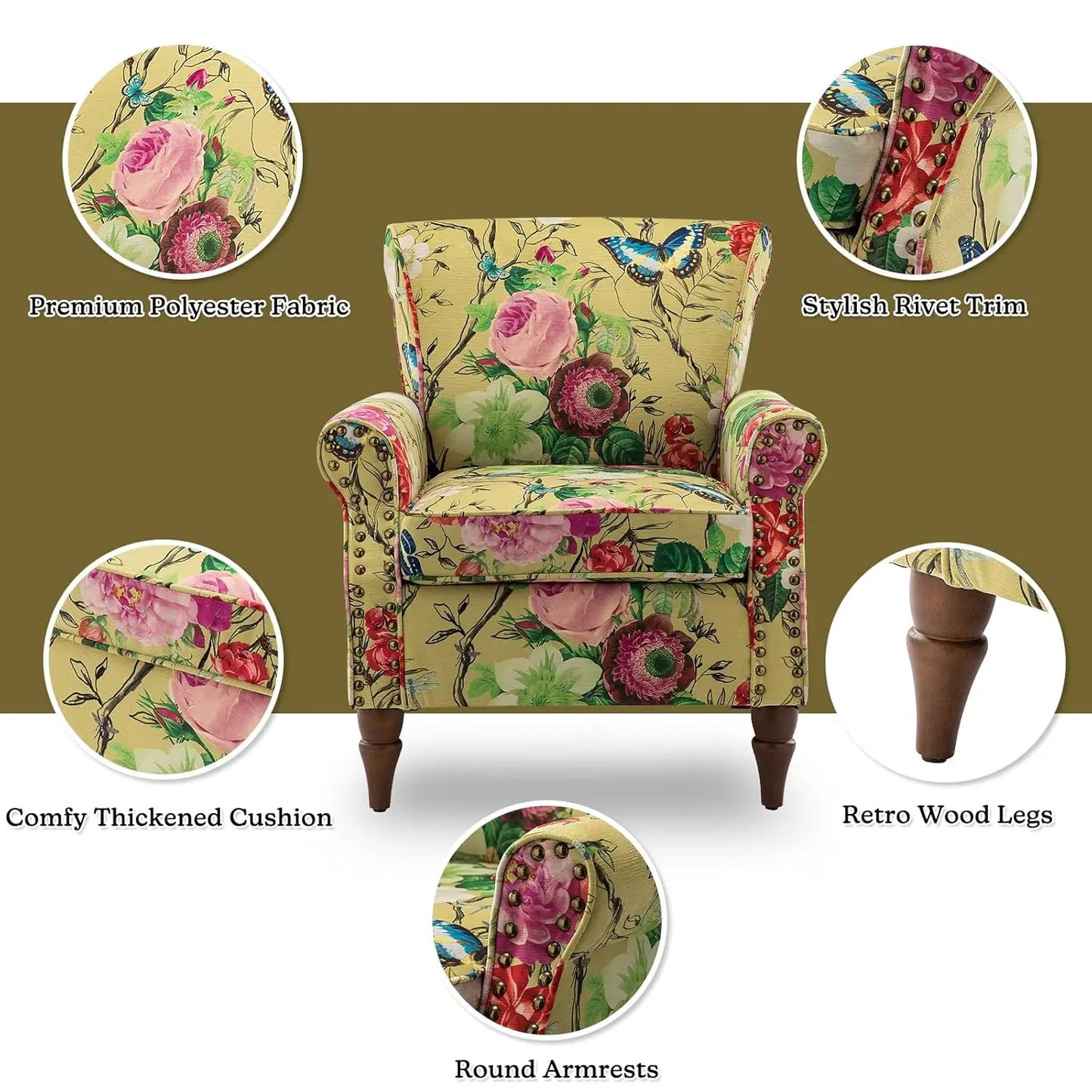 Wingback Accent Chair With Wood Legs And Nailhead Trim