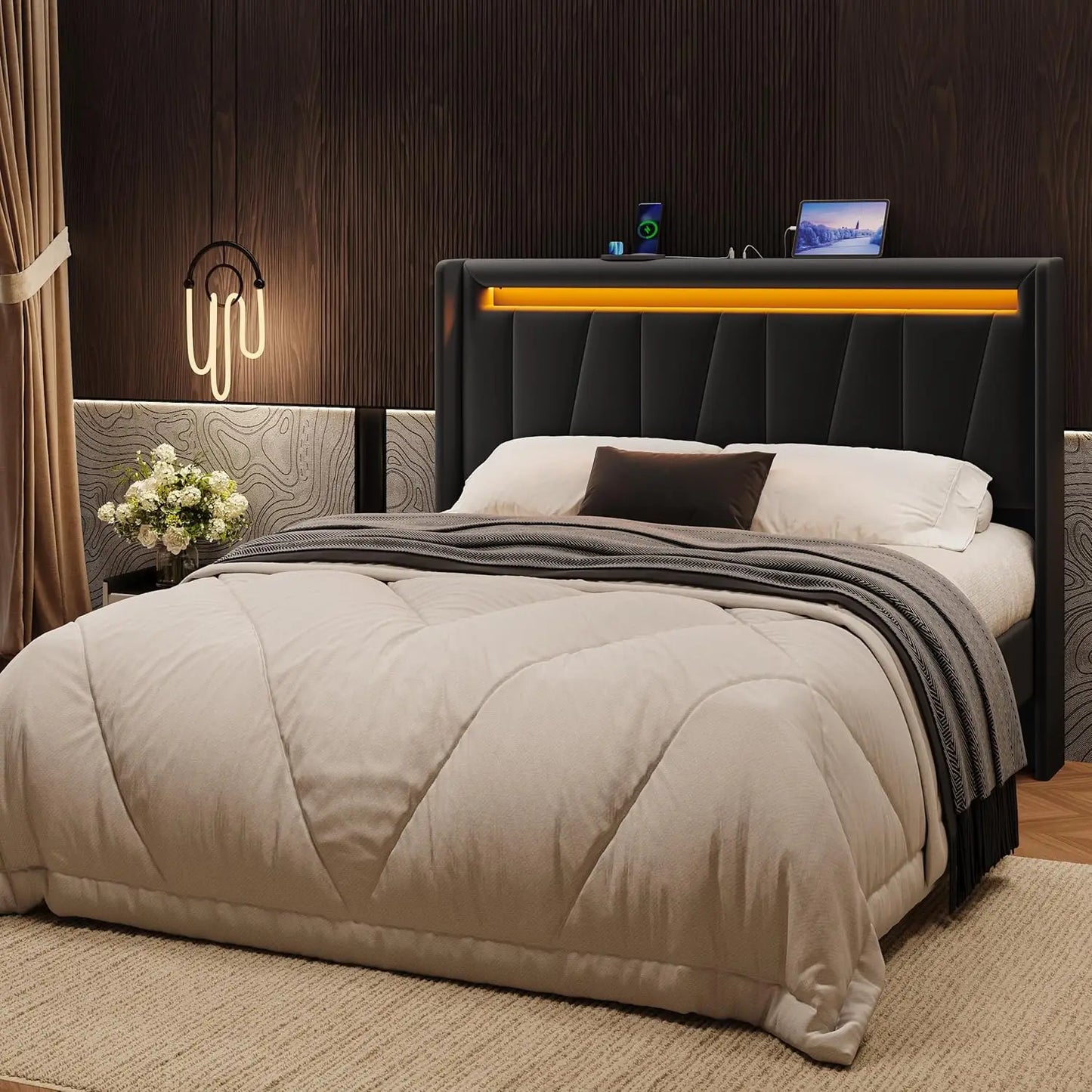 Velvet Bed Frame With Led Lighting And Charging Station