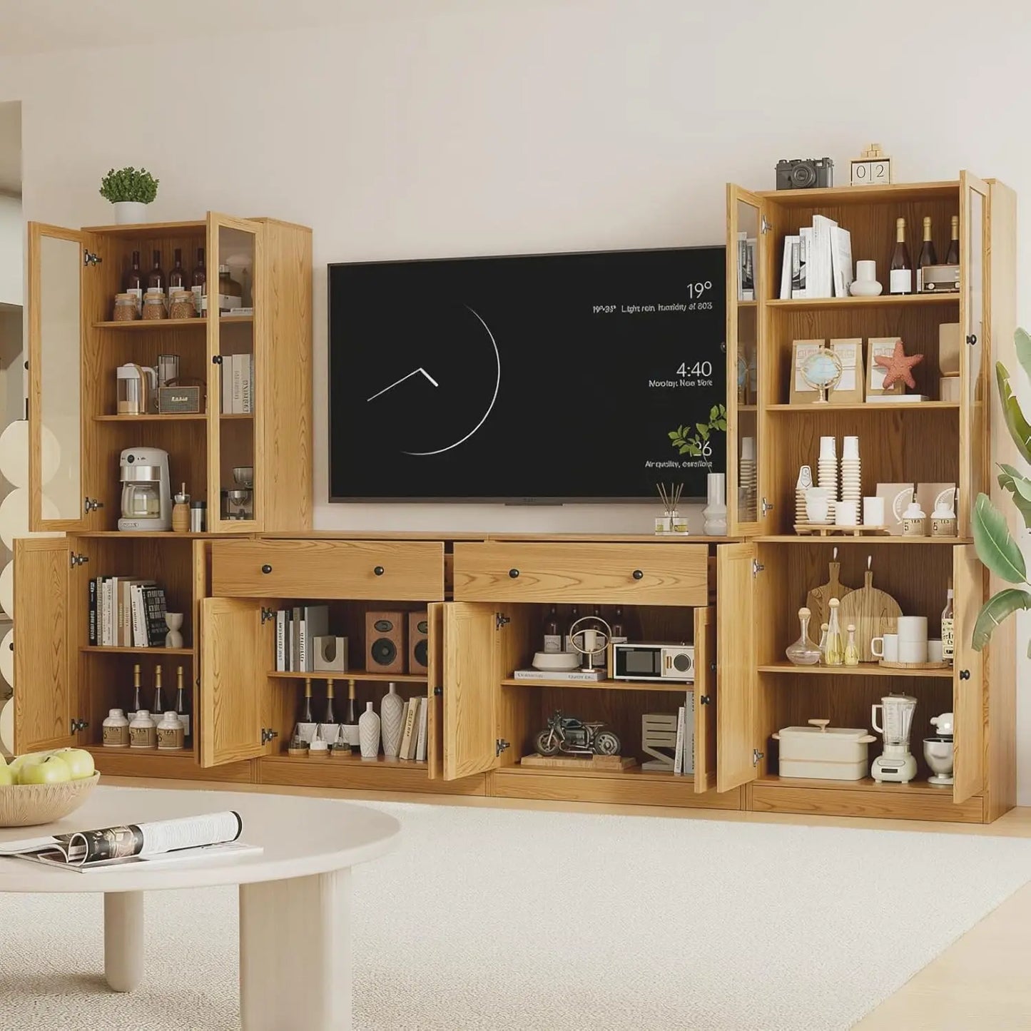 HUANZHUANG TV Console Storage With Glass And Wood Doors
