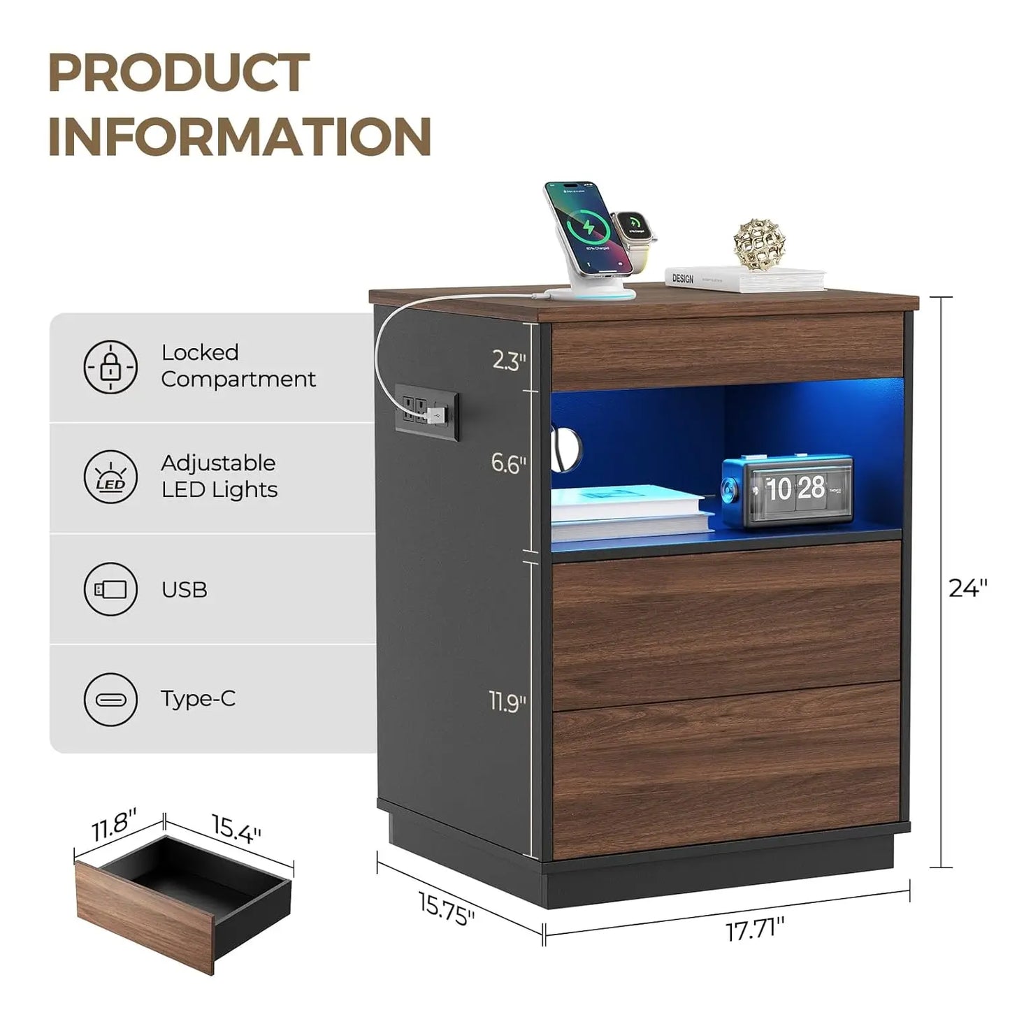 2Pc Nightstand Hidden Compartment USB Type-C Charging Locking Gun Drawer LED Modern Bedroom Office Brown Customized