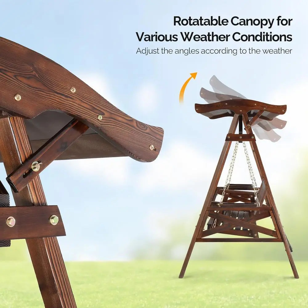 Rustic Wood Porch Swing Set With Stand And Cup Holder