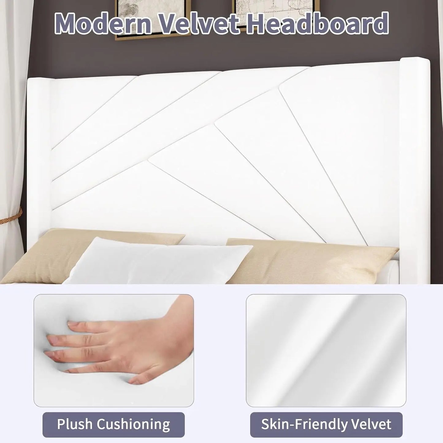 Velvet Upholstered Platform Bed With Geometric Tufted Headboard Wingback