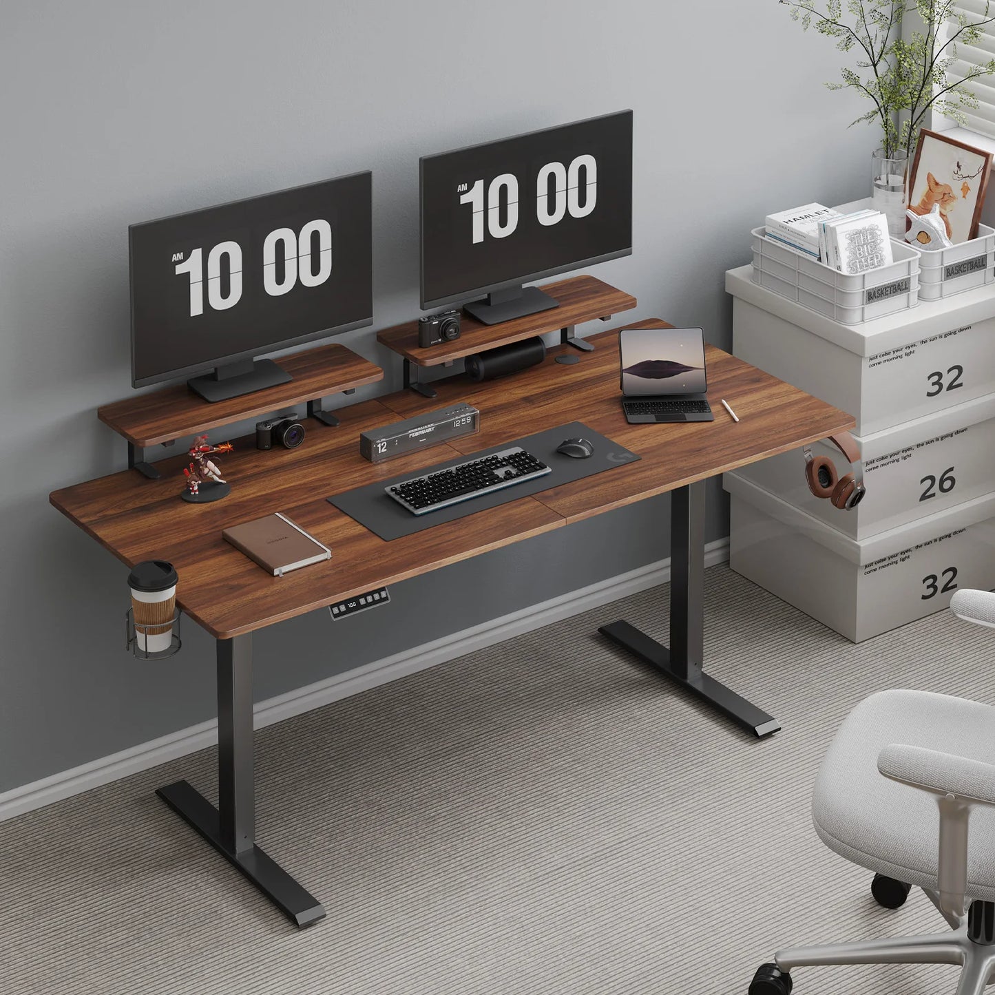 ONBRILL Standing Desk Electric Height Adjustable With Monitor Shelves