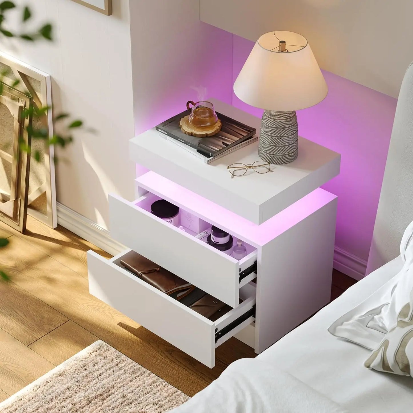 Modern White LED Nightstand With Two Wood Drawers Bedside Table