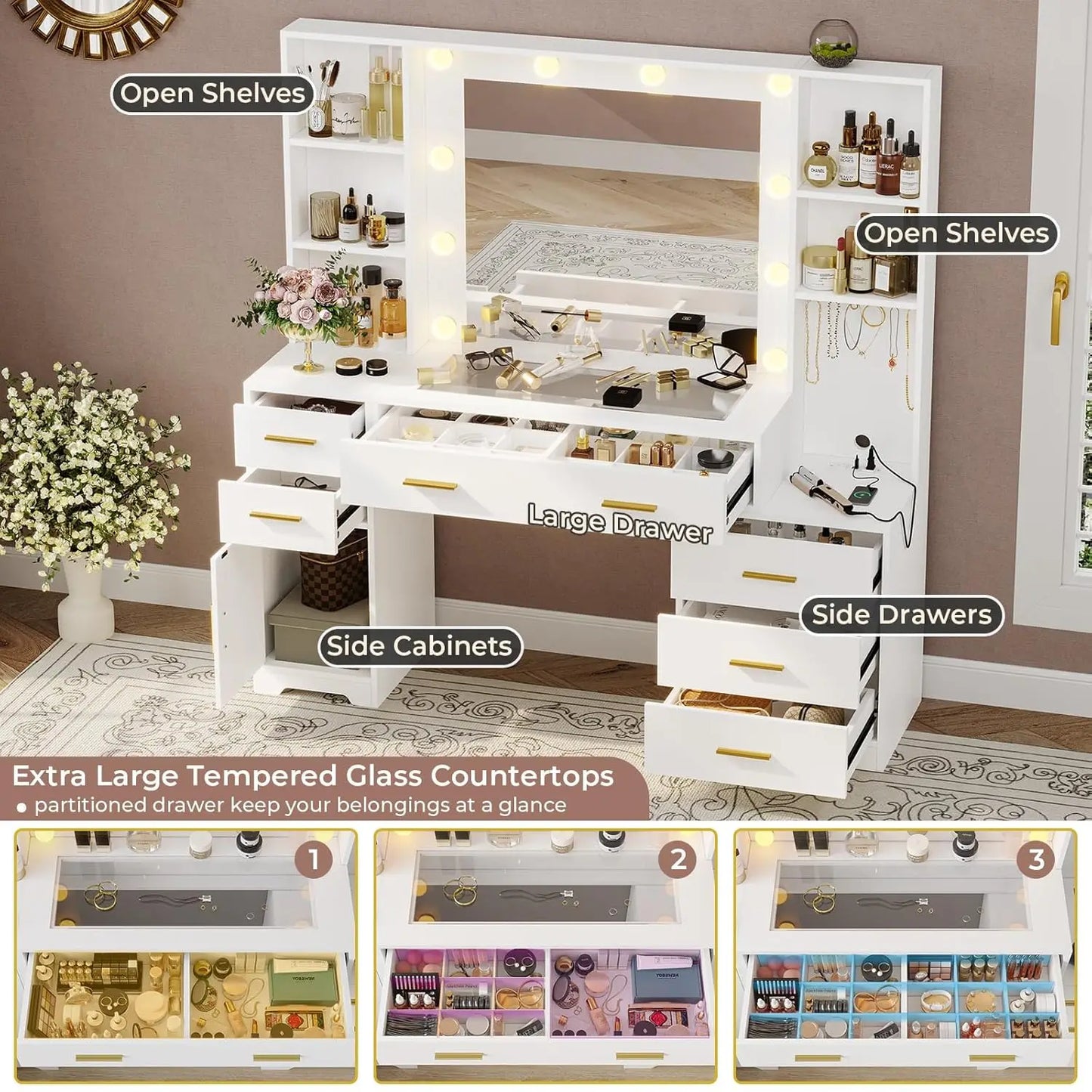 Vanity Desk With Lighted Mirror And Power Outlet 6 Drawers