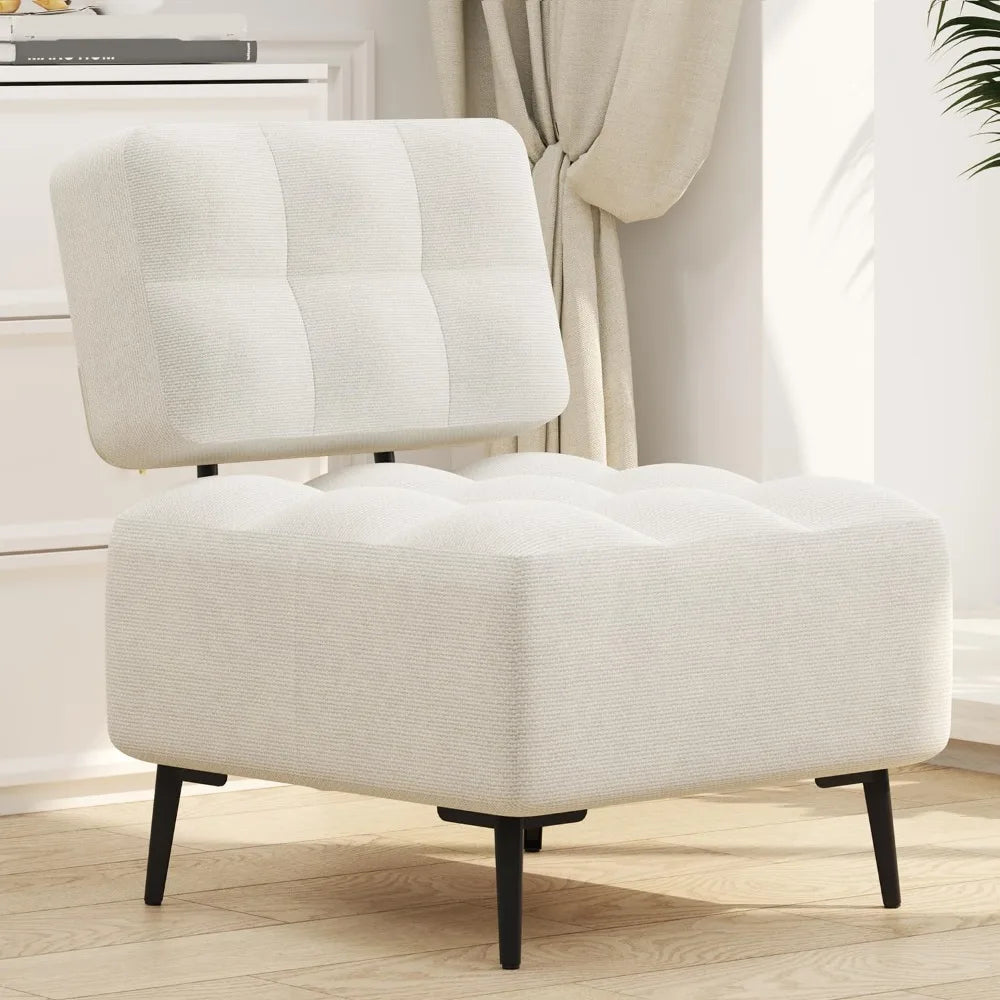 Mid-Century Modern Linen Chair With Thick Cushions And Metal Legs