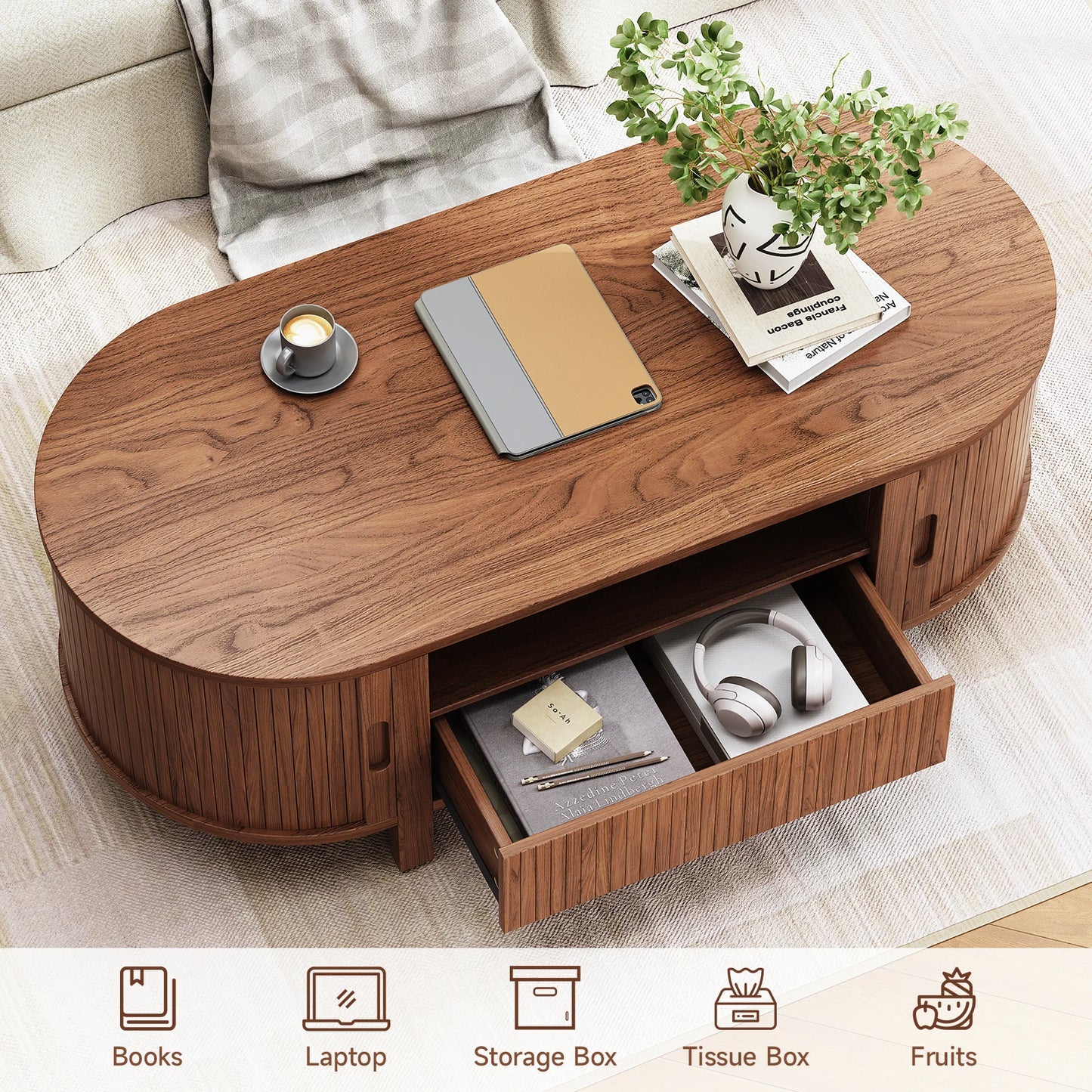 Oval Coffee Table With Storage And Sliding Cabinet Doors