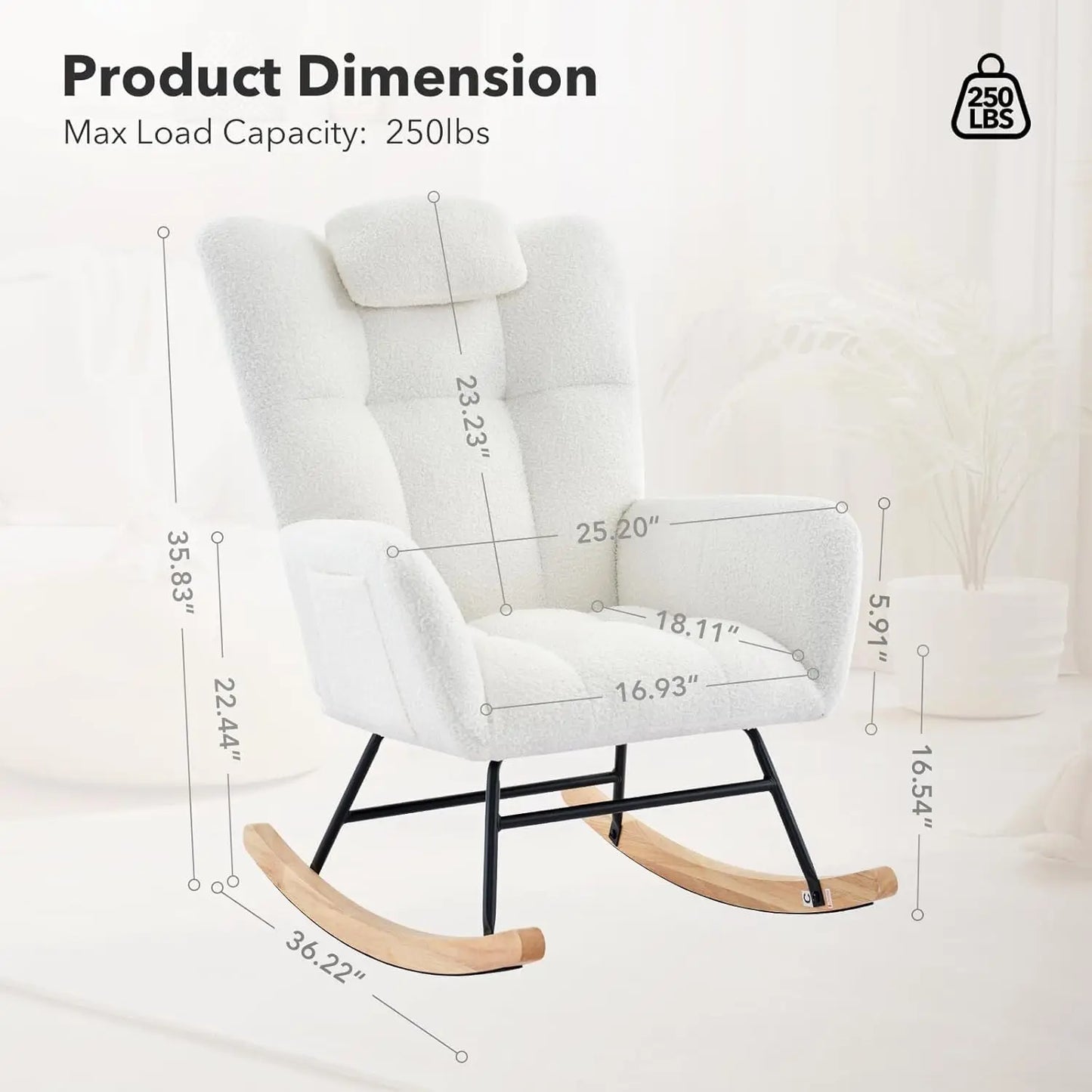 Studyset Modern Upholstered Nursery Rocking Chair High Back Side Pocket Boucle