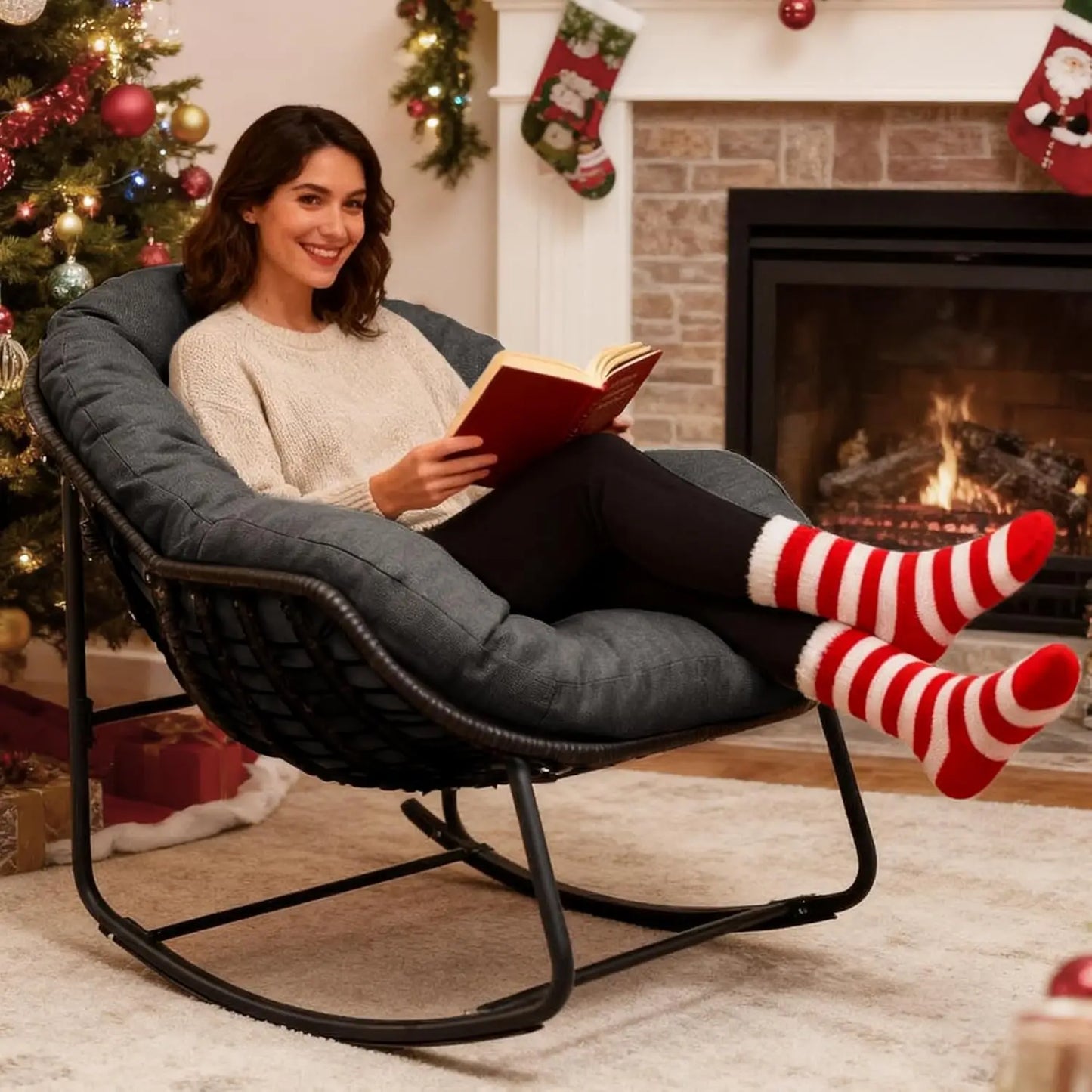 Outdoor Rocking Chair With Padded Cushion And Wicker Frame