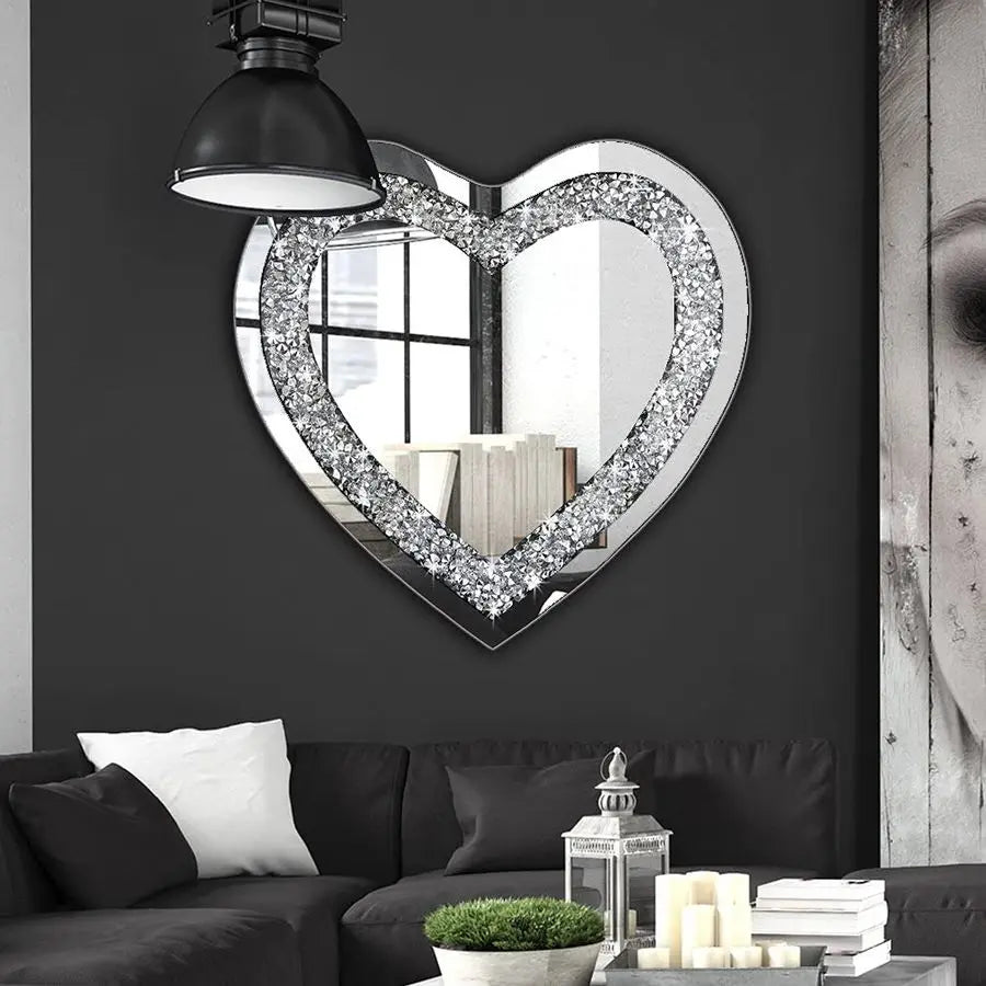 Heart Shaped Frameless Crystal Mirror Wall Decor Sparkling Diamonds