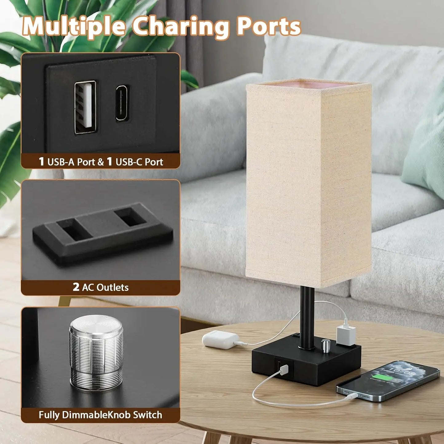Fully Dimmable Nightstand Lamps Set Of 2 With USB C And USB A Ports