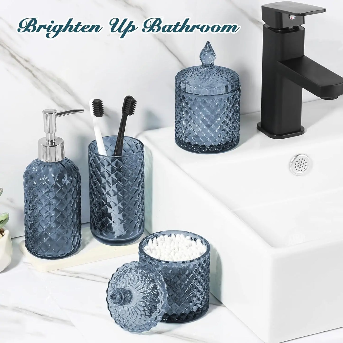 Pattern Bathroom Accessory Set Soap Dispenser Toothbrush Holder Q Tip Jar