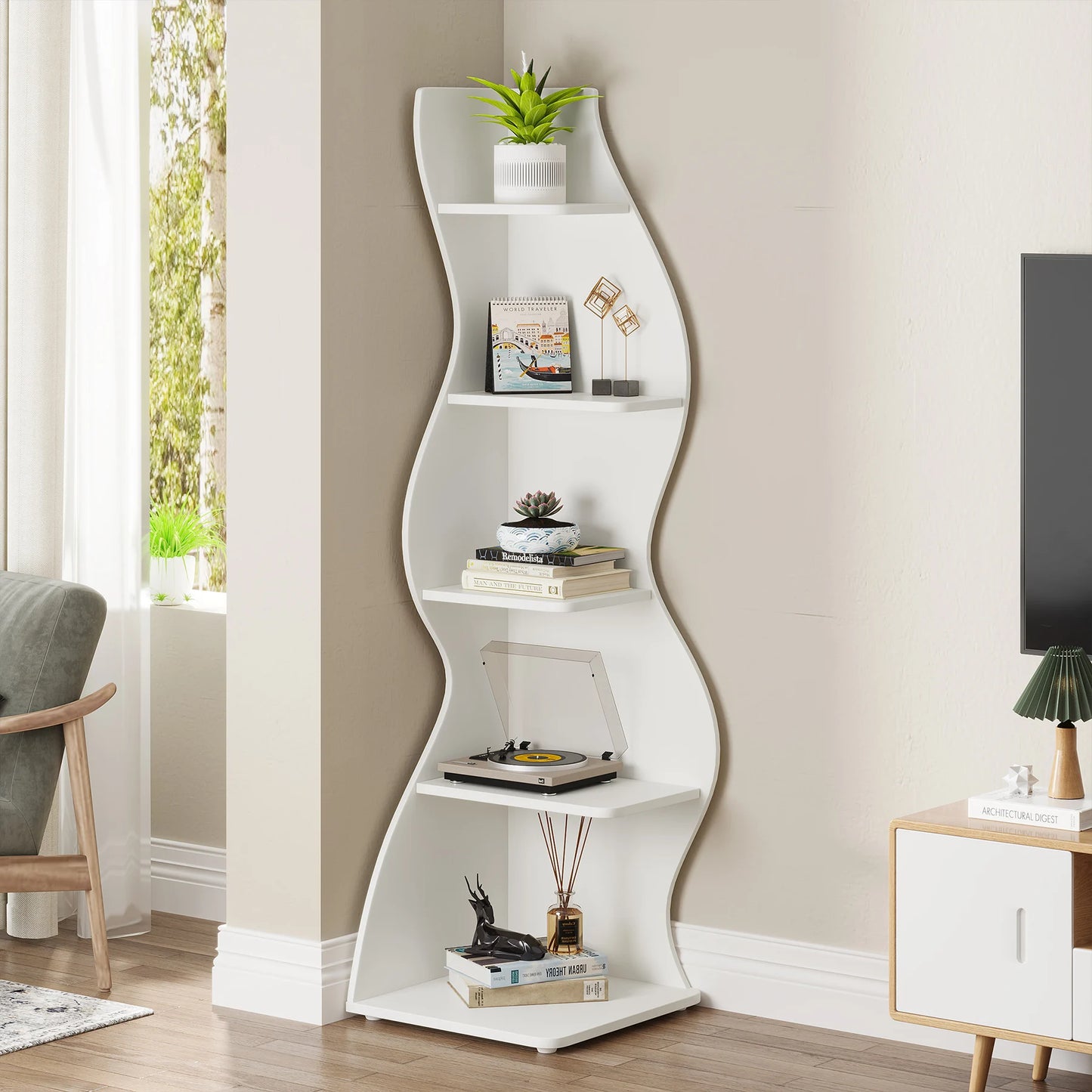 Tribesigns Five Tier Corner Shelf Modern Wall Bookcase Plant Stand