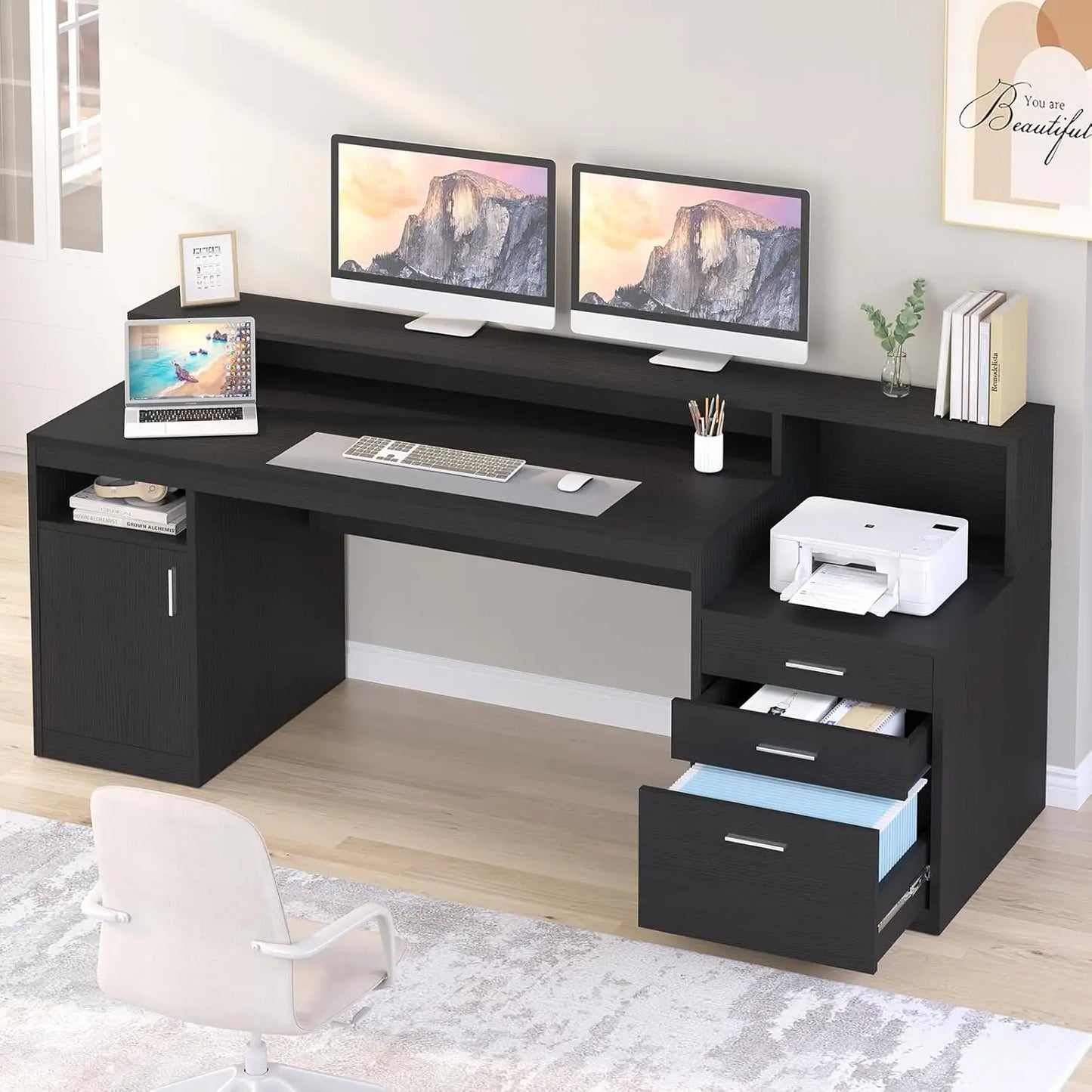 NONEDesk Executive Computer Desk With File Drawer And Cabinet