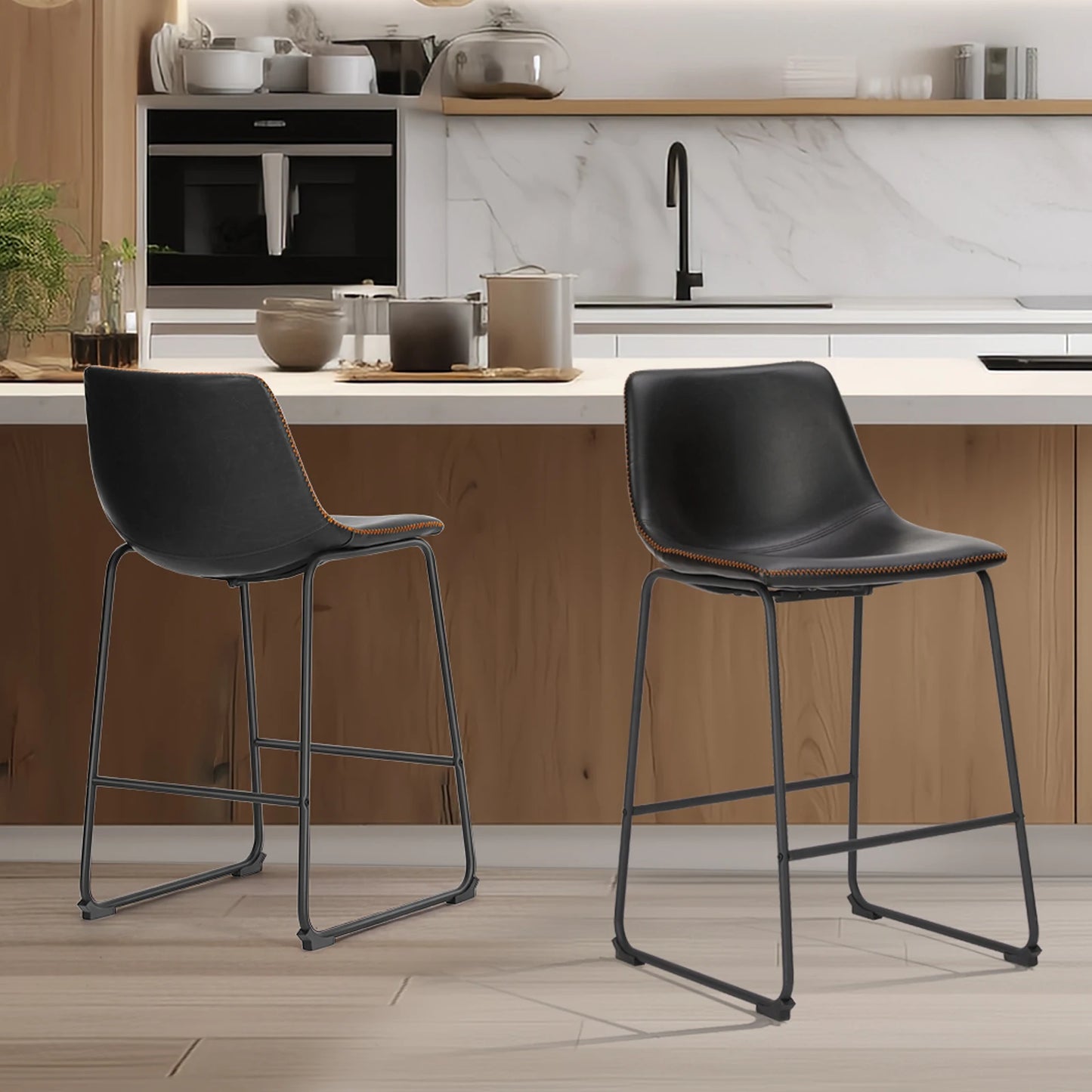 JHK Modern Faux Leather Counter Height Bar Stools Set of 2 High Barstools with Back and Metal Leg Bar Chairs for Kitchen Island