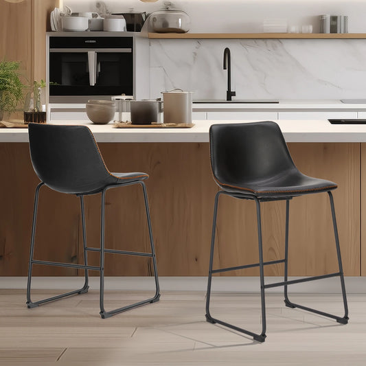 JHK Modern Faux Leather Counter Height Bar Stools Set of 2 High Barstools with Back and Metal Leg Bar Chairs for Kitchen Island