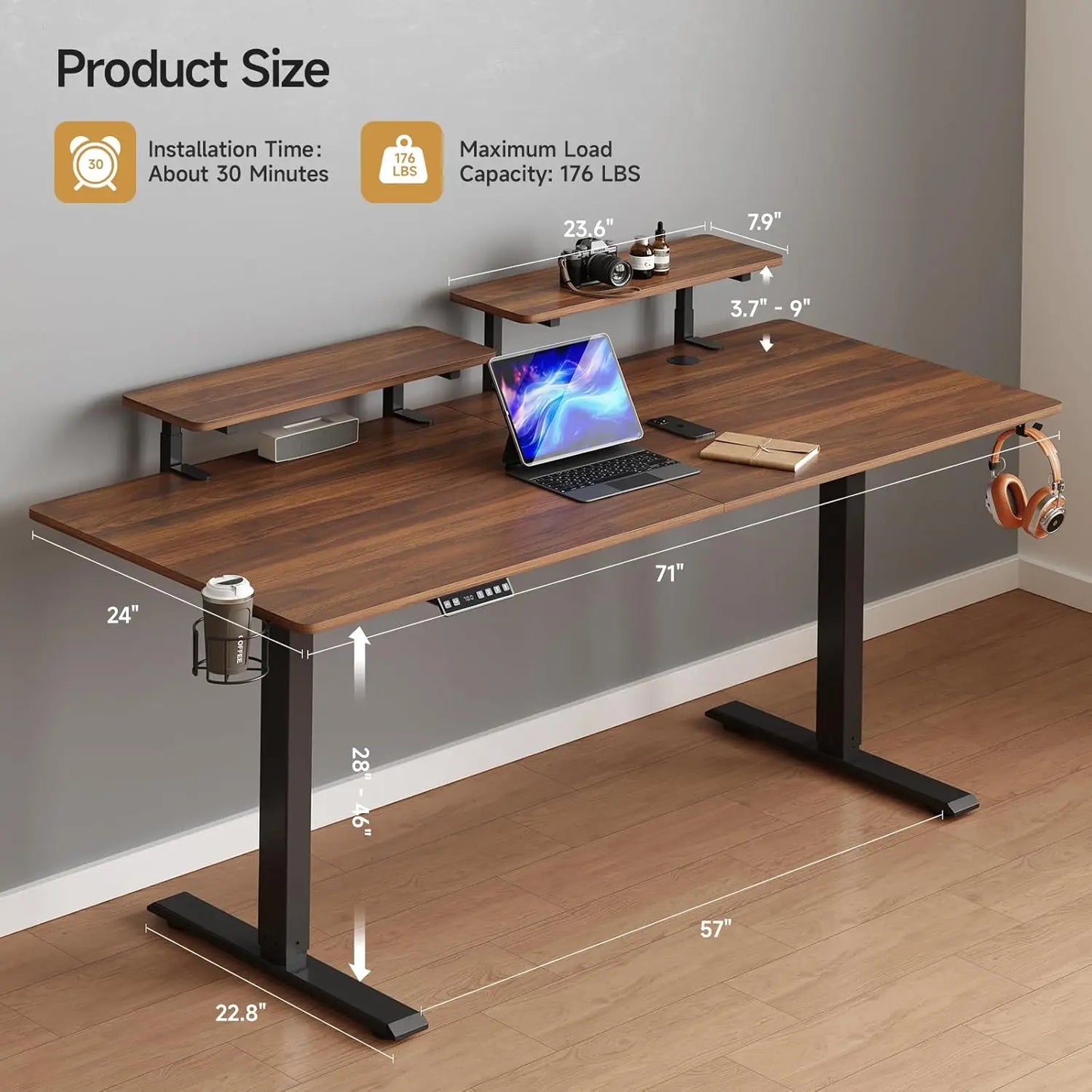 ONBRILL Standing Desk Electric Height Adjustable With Monitor Shelves