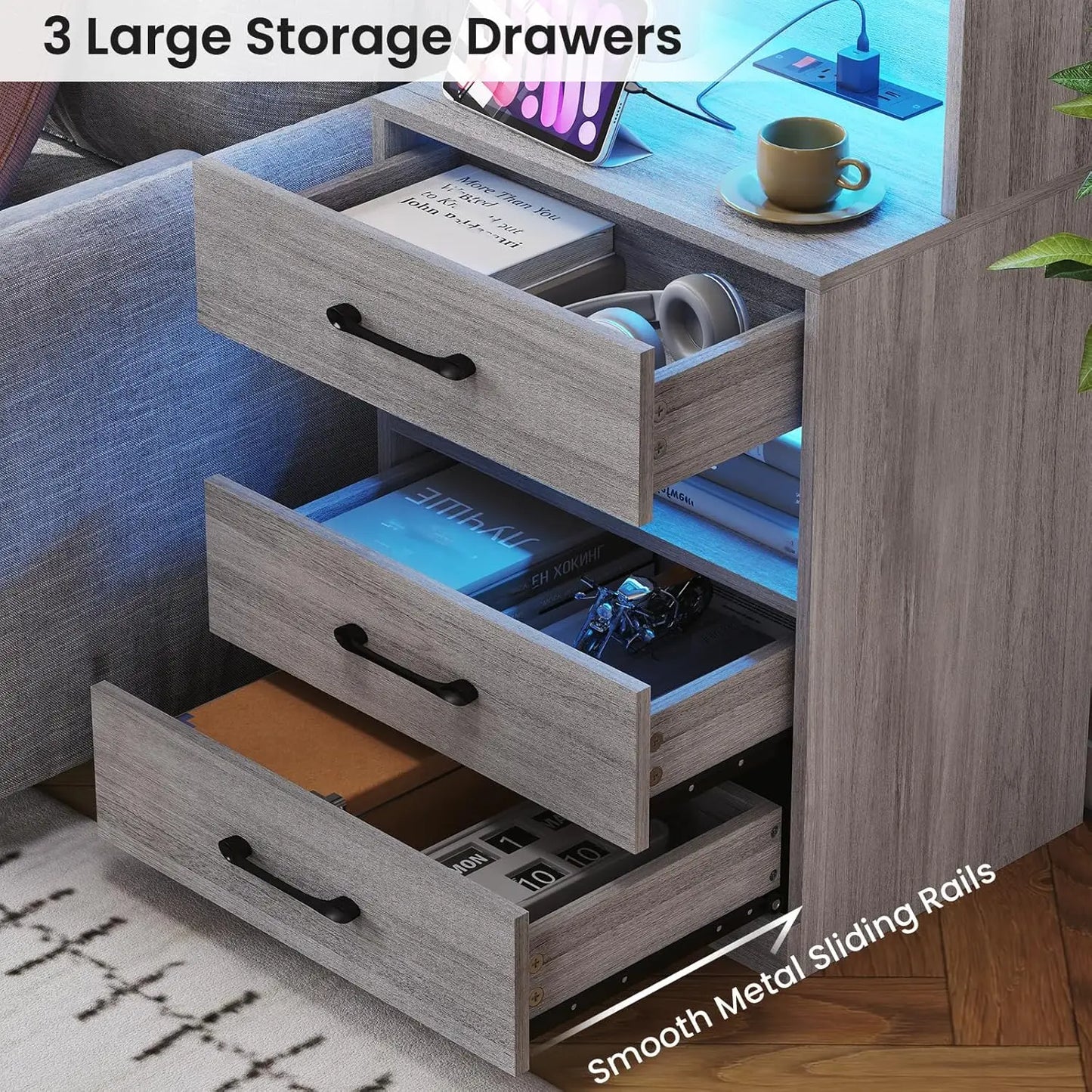 GUANGBAI Nightstand Set of 2 with Charging Station LED Lights