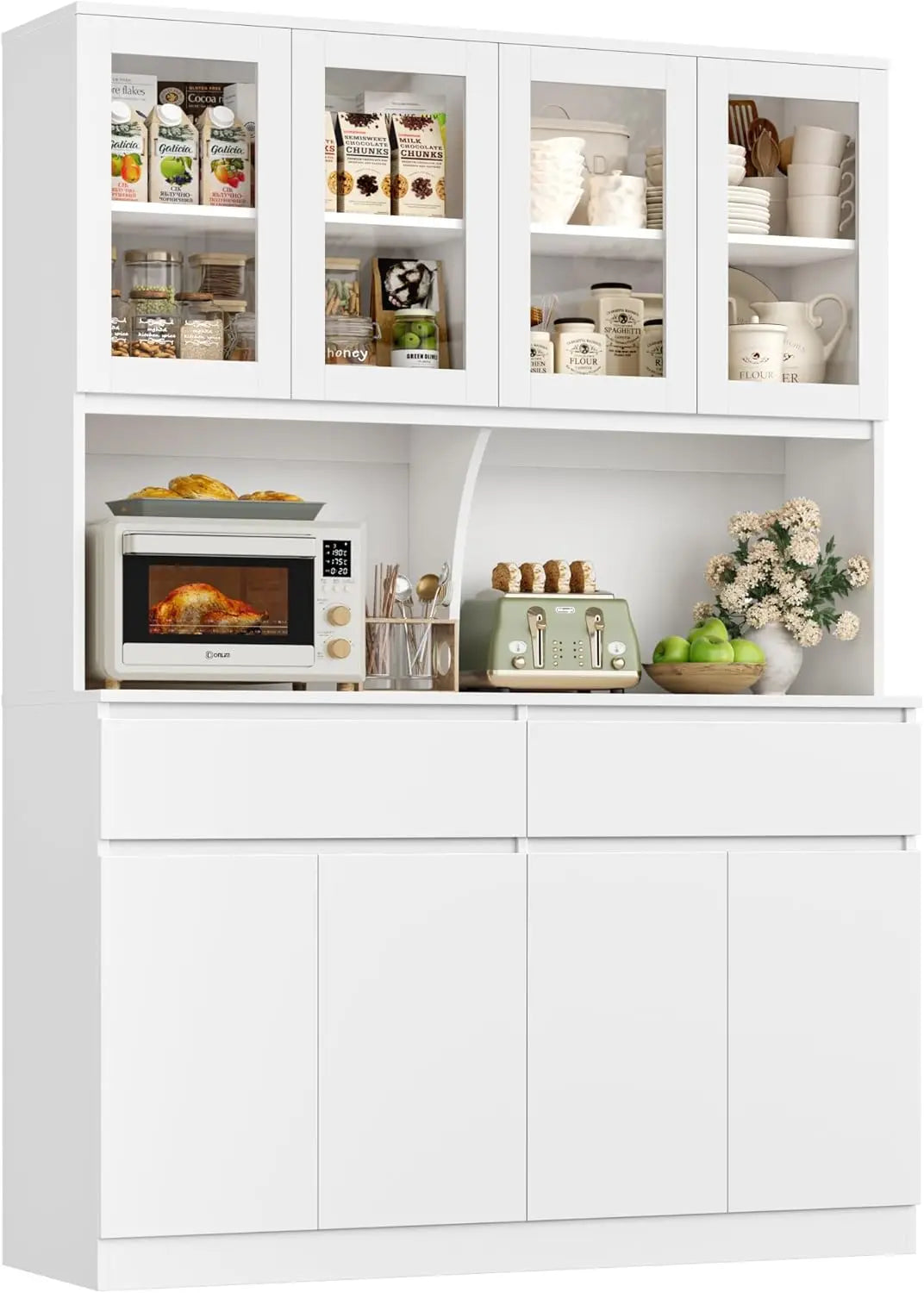 Solid Wood Kitchen Pantry Cabinet With Glass Doors And Drawers