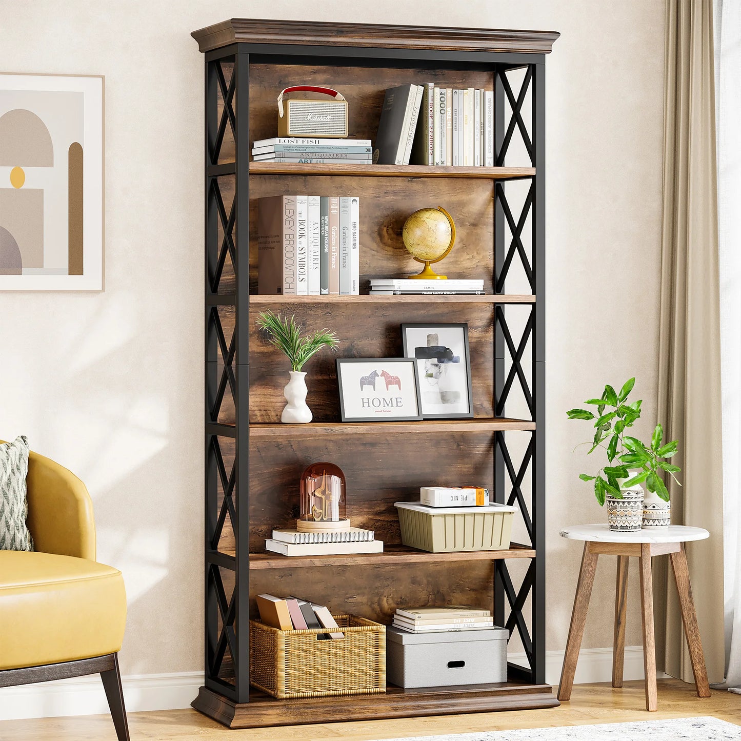 Tribesigns 5 Tier Floor Bookcase Industrial Wood Shelves