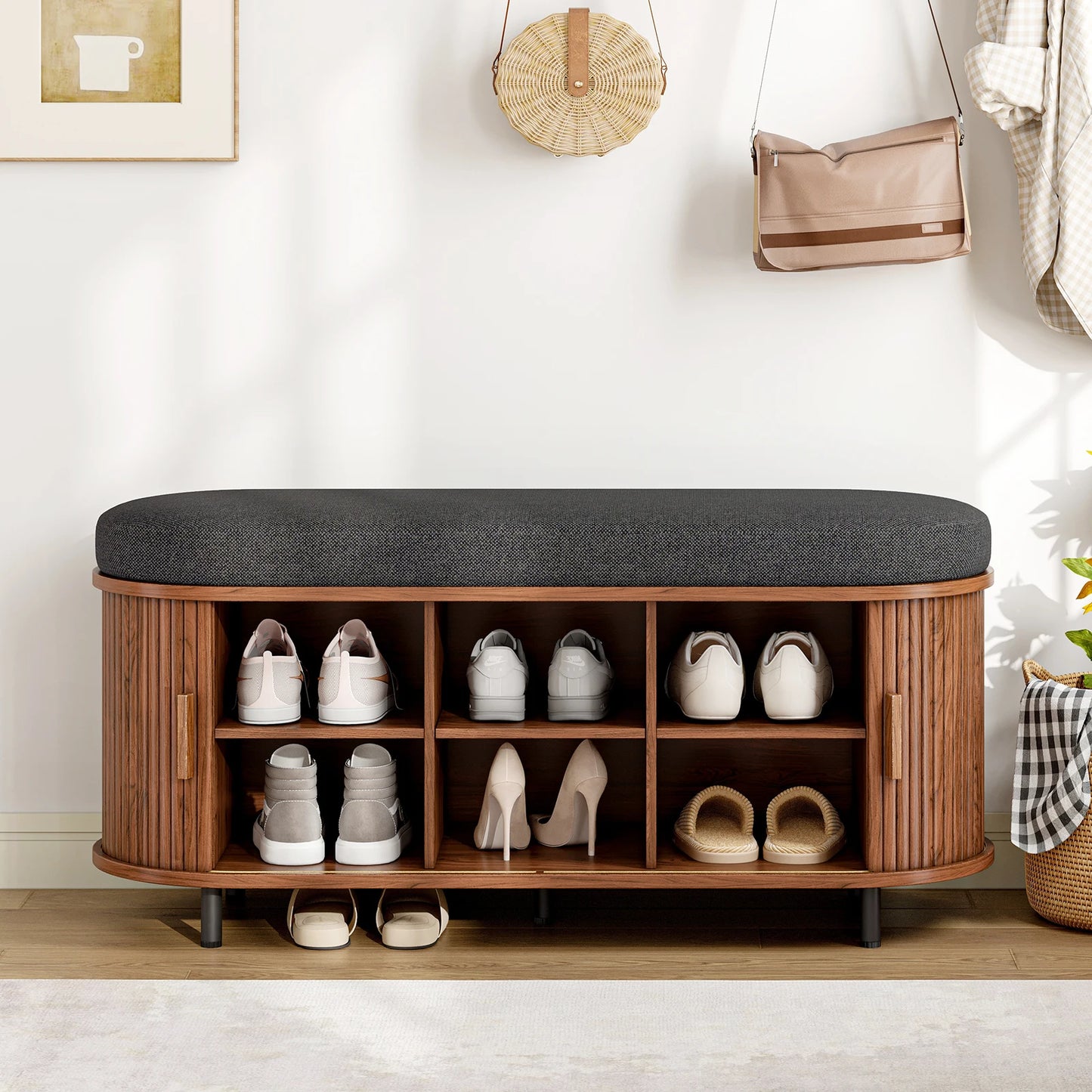 Shoe Storage Bench 3 Tier Organizer With Cushion Sliding Door