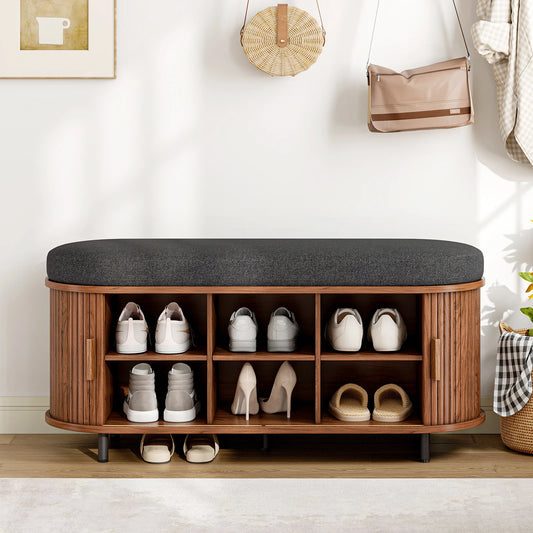 Shoe Storage Bench 3 Tier Organizer With Cushion Sliding Door