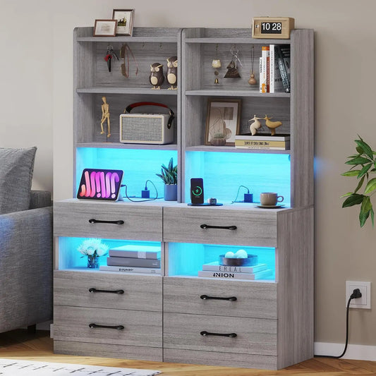 GUANGBAI Nightstand Set of 2 with Charging Station LED Lights