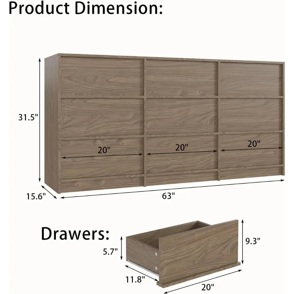 Walnut 9 Drawer Dresser For Bedroom Modern Wooden Storage Chest
