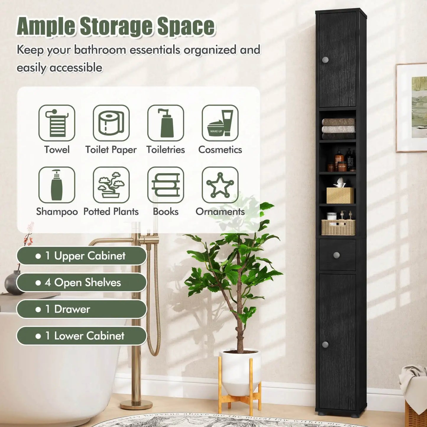 Slim Bathroom Tall Cabinet Freestanding Storage Organizer With 2 Doors