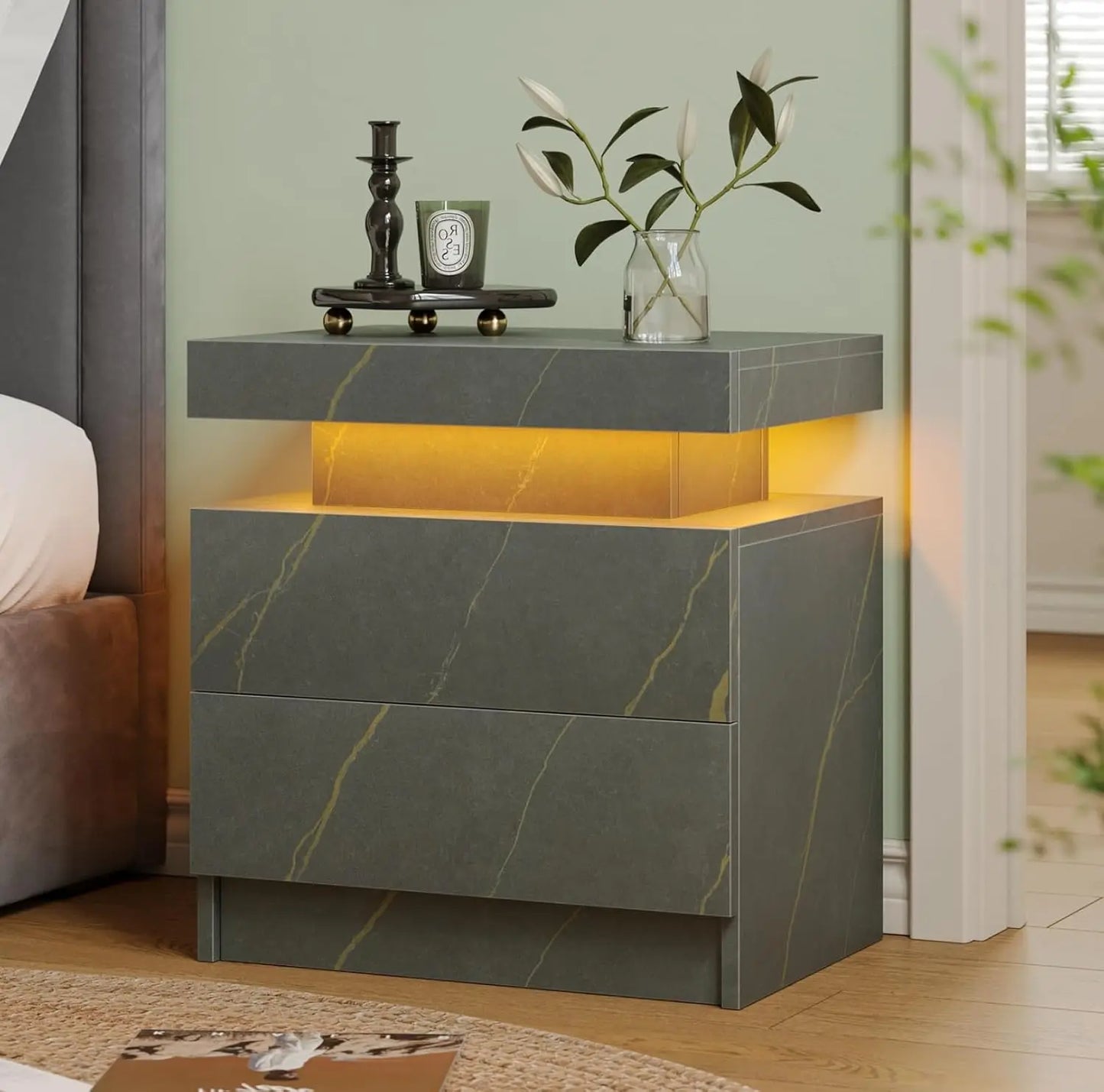 Modern White LED Nightstand With Two Wood Drawers Bedside Table