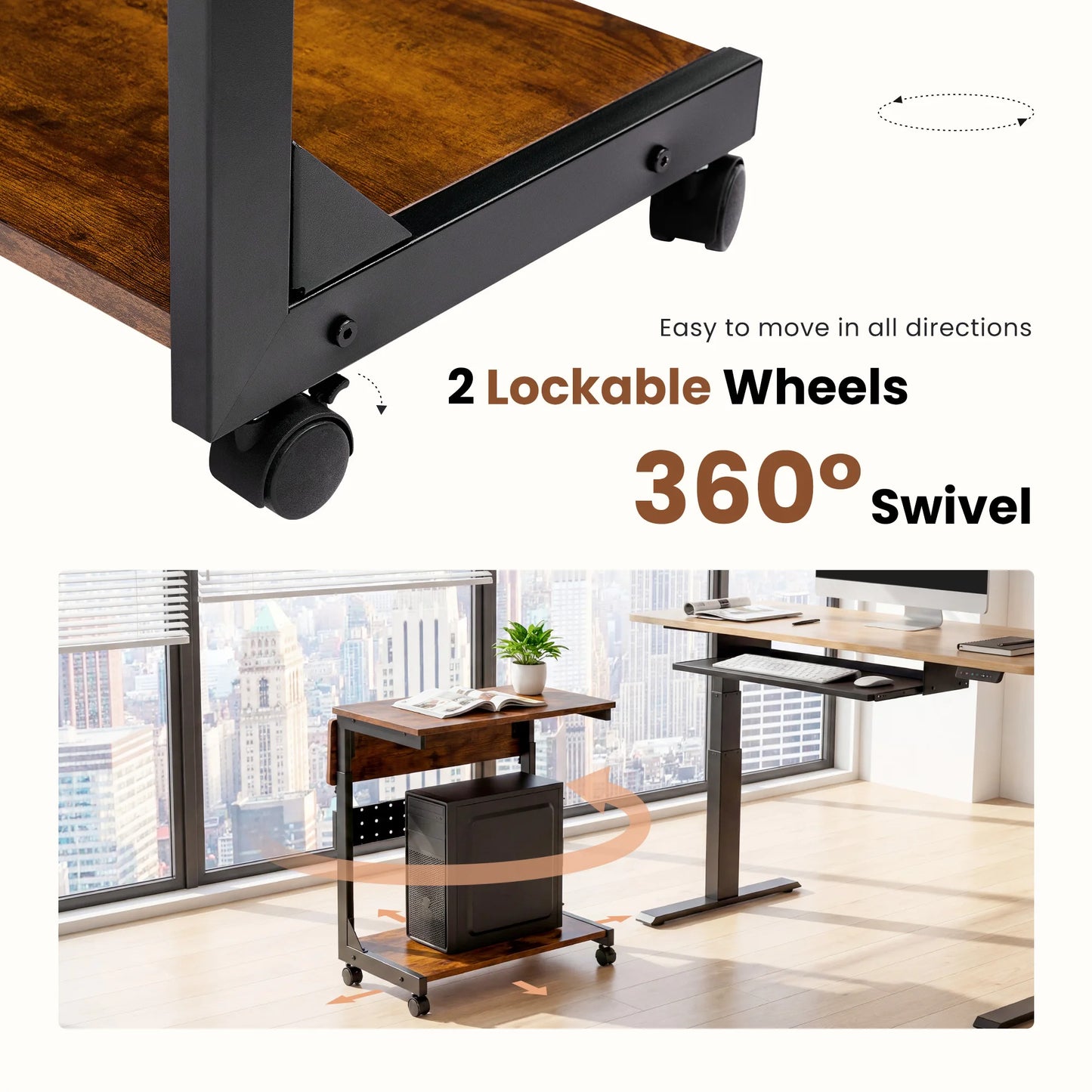 JHK 2-Tier Mobile Standing Sofa Desk 25IN Height Adjustable PC Stand with Folding Panel Rolling Computer Cart Desk For Home