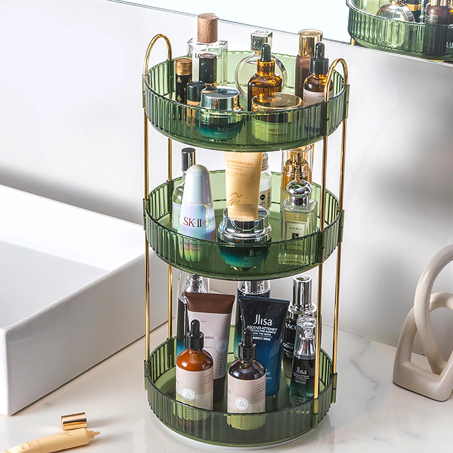 Rotating Makeup Organizer Three Tier Vanity Storage Clear Cosmetic Organizer