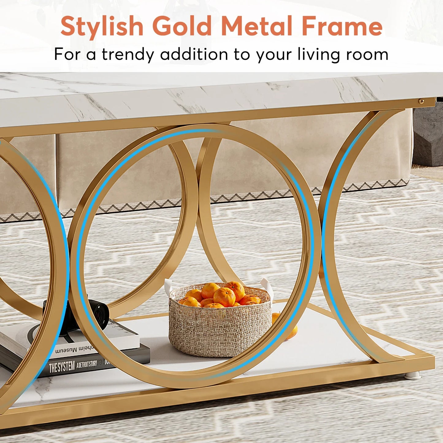 Tribesigns Rectangular Coffee Table Modern Two Tier Faux Marble Wood
