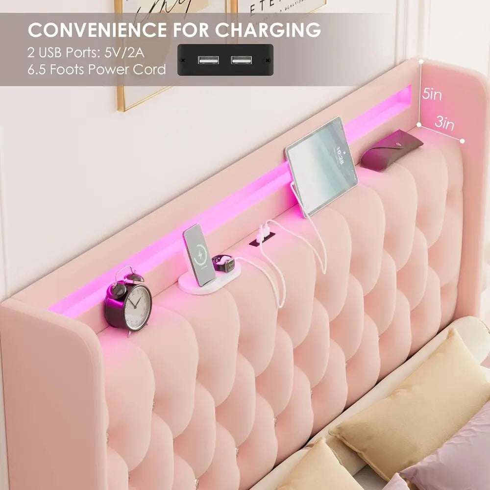 Wingback LED Bed With Charging Station And 4 Storage Drawers