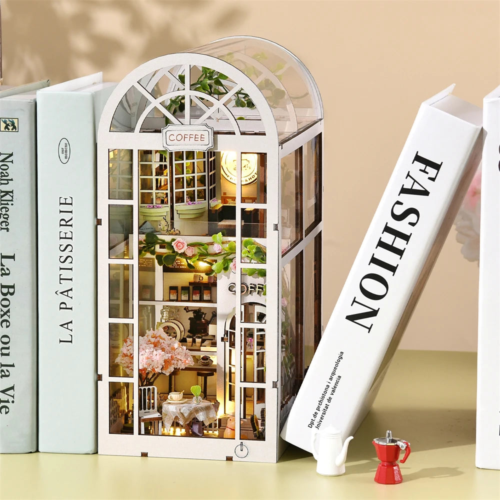 ASLOWSNAIL 3D Wooden Book Nook Kit Coffee Shop Dollhouse