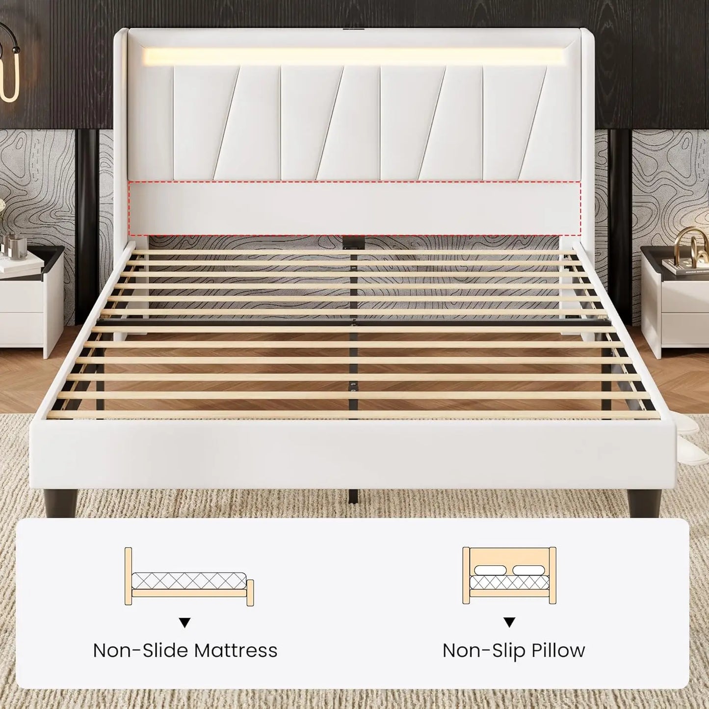Velvet Bed Frame With Led Lighting And Charging Station