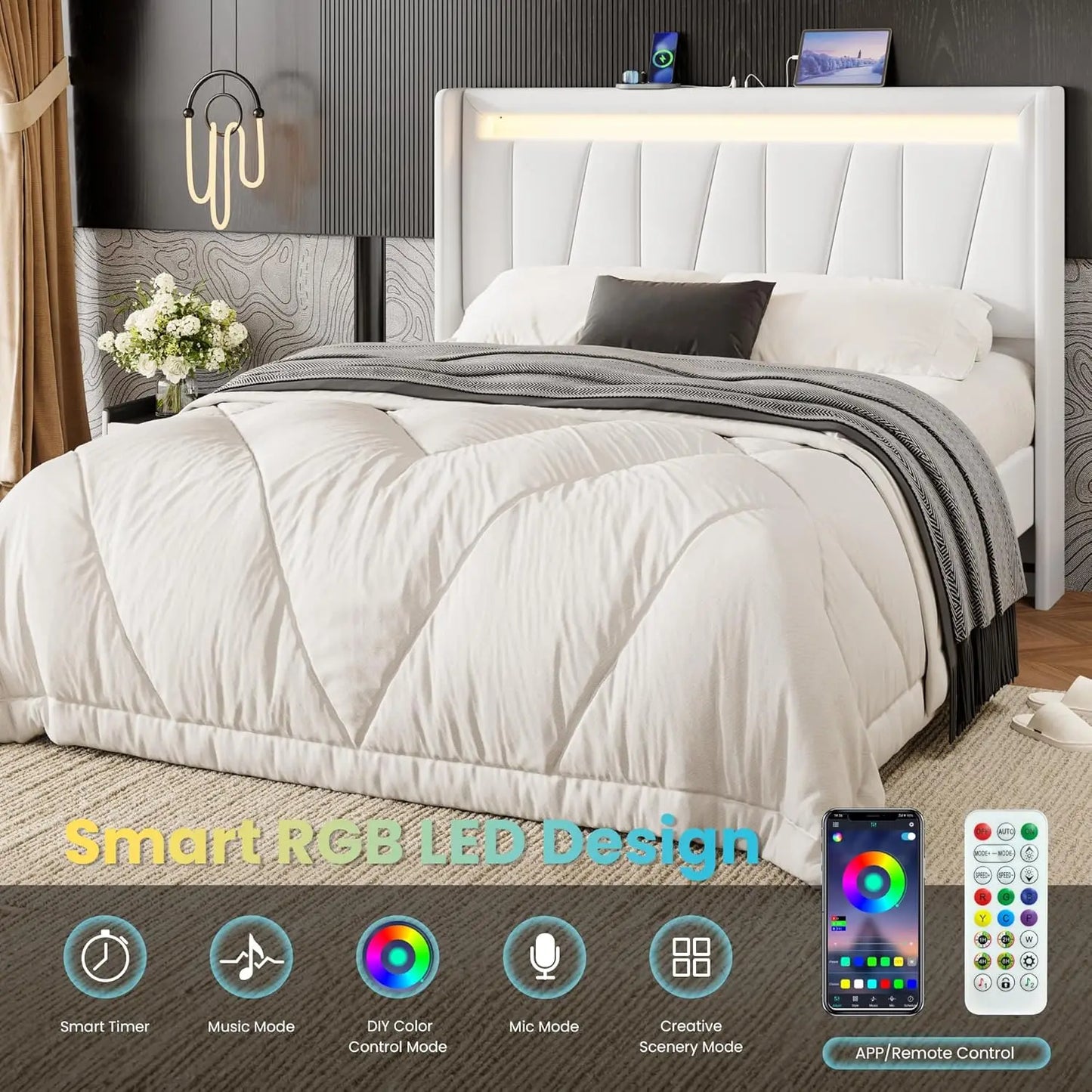 Velvet Bed Frame With Led Lighting And Charging Station