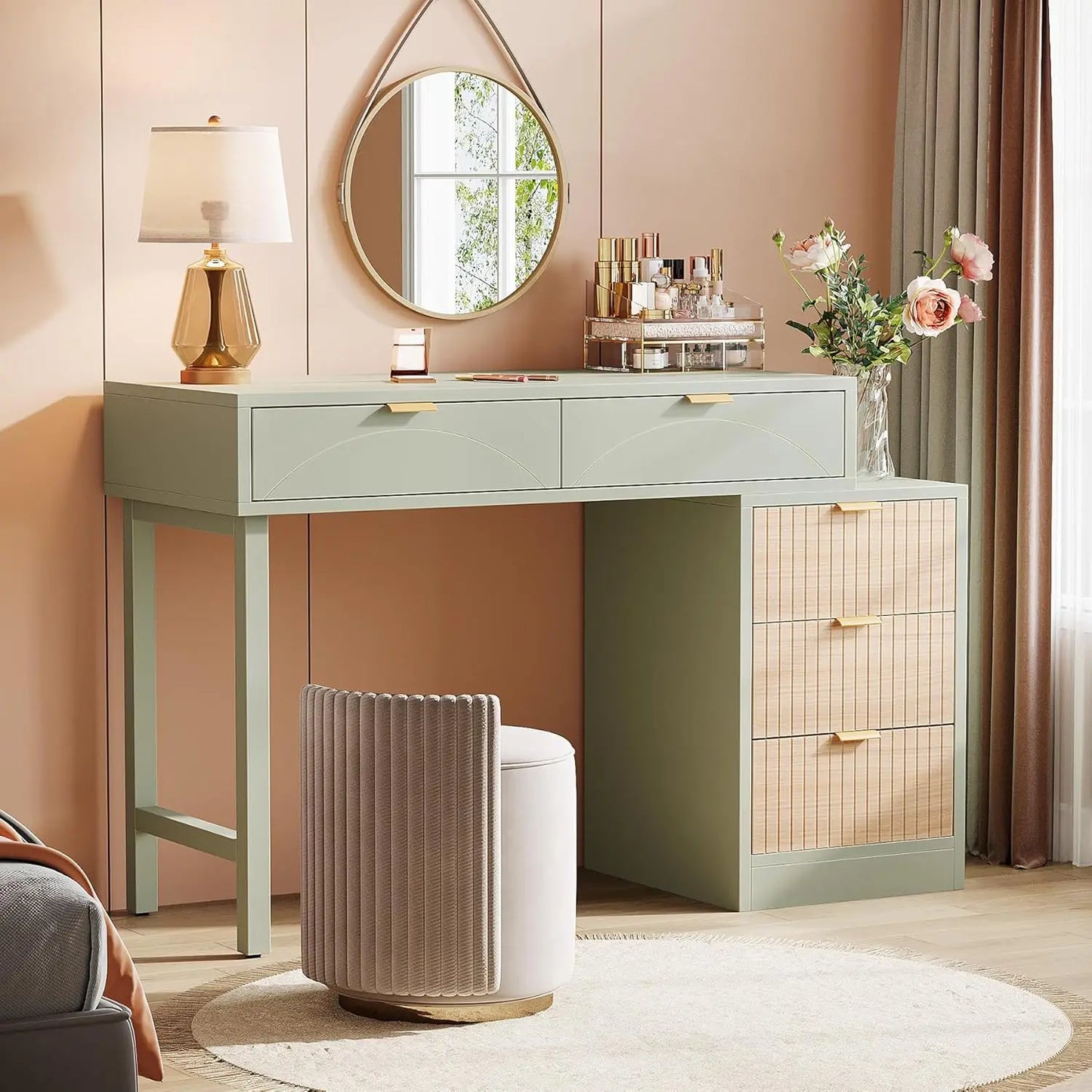 Frame Makeup Vanity Desk 5 Drawers Modern Wood Dressing Table