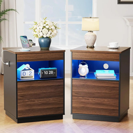 2Pc Nightstand Hidden Compartment USB Type-C Charging Locking Gun Drawer LED Modern Bedroom Office Brown Customized