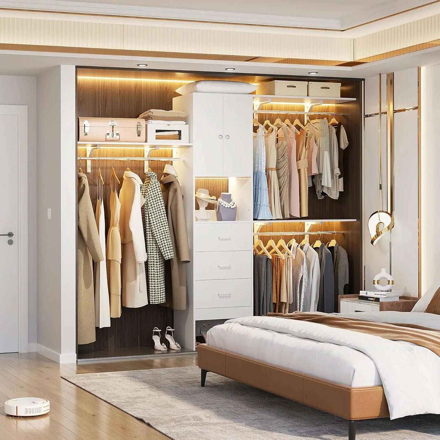 Aheaplus Walk In Closet System With Doors And Shelving Towers 3 Wood Drawers