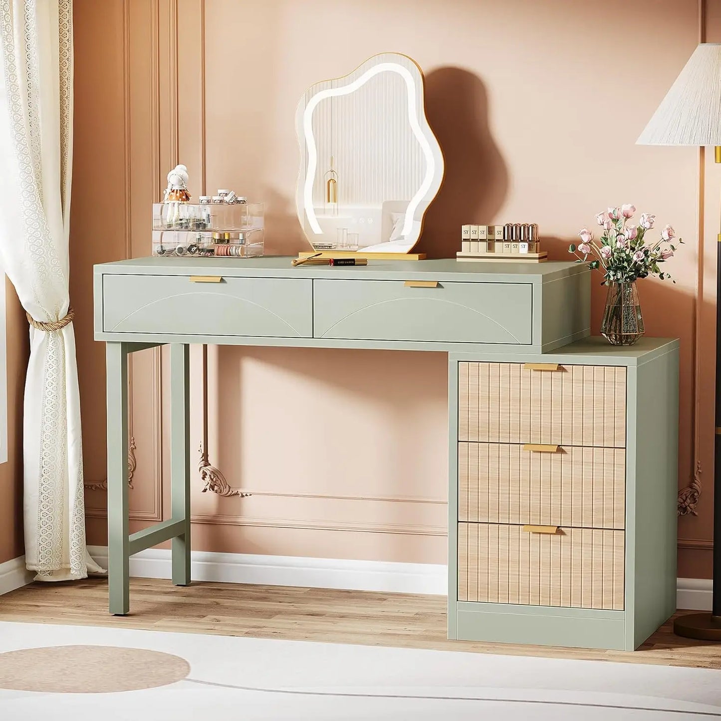 Frame Makeup Vanity Desk 5 Drawers Modern Wood Dressing Table