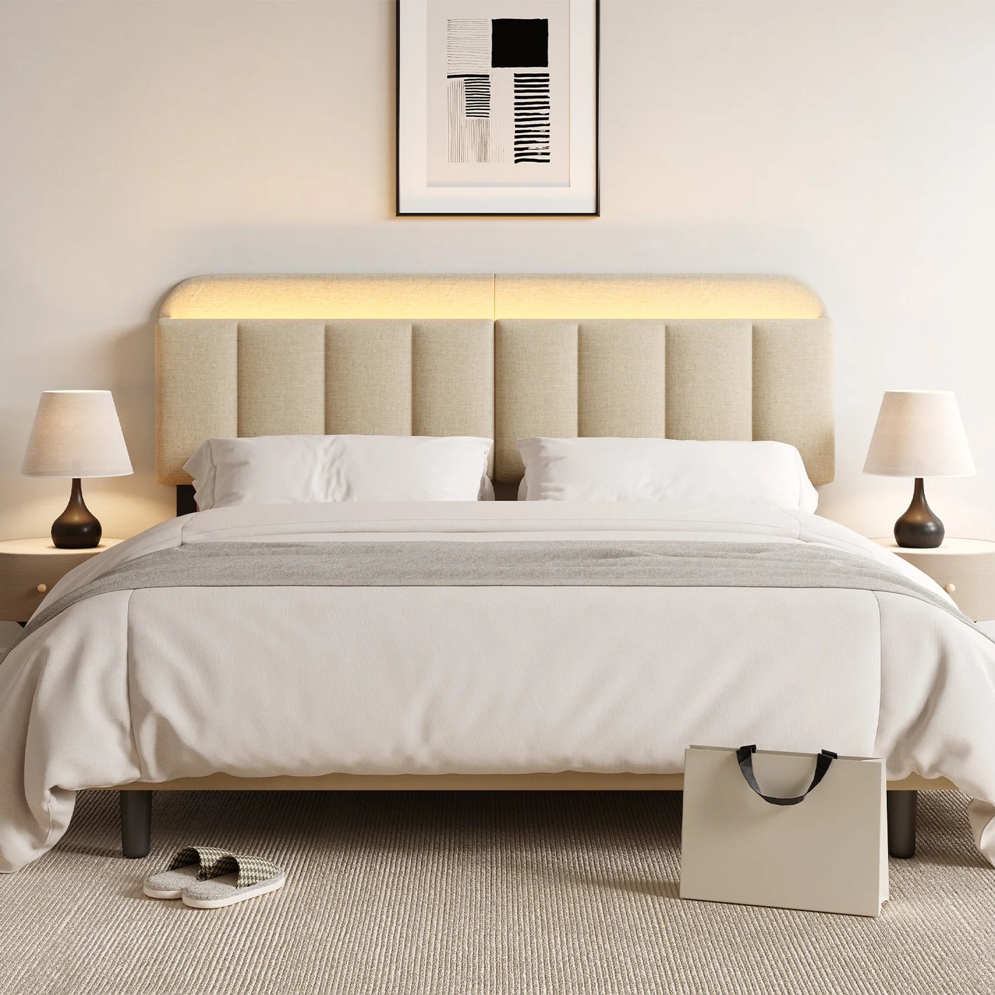 ONBRILL Adjustable Headboard With Linen Fabric Storage And RGB LED