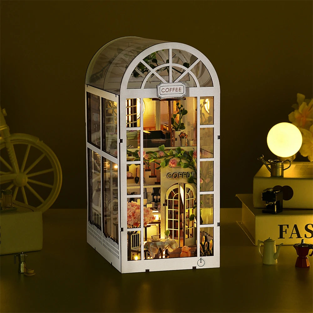 ASLOWSNAIL 3D Wooden Book Nook Kit Coffee Shop Dollhouse