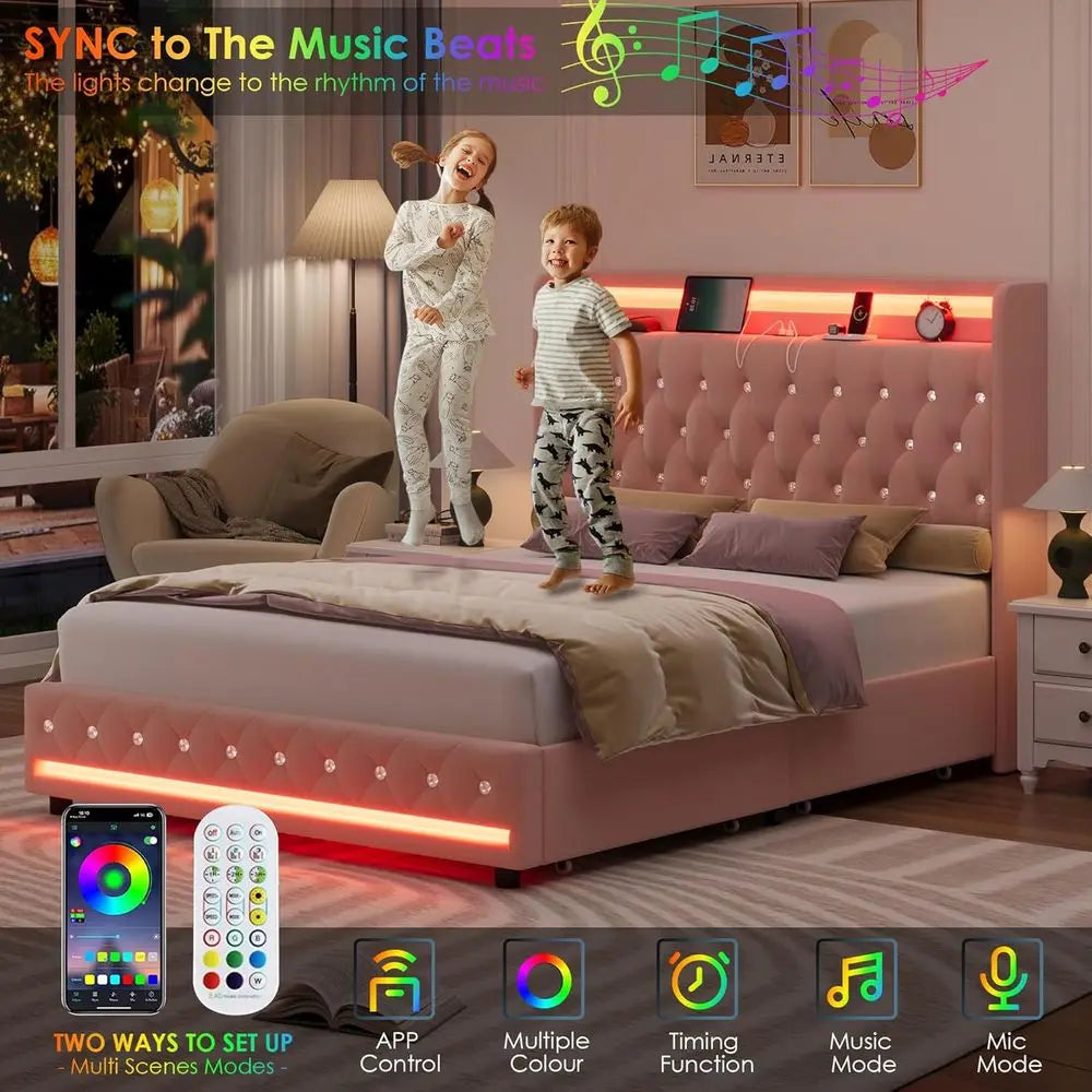 Wingback LED Bed With Charging Station And 4 Storage Drawers
