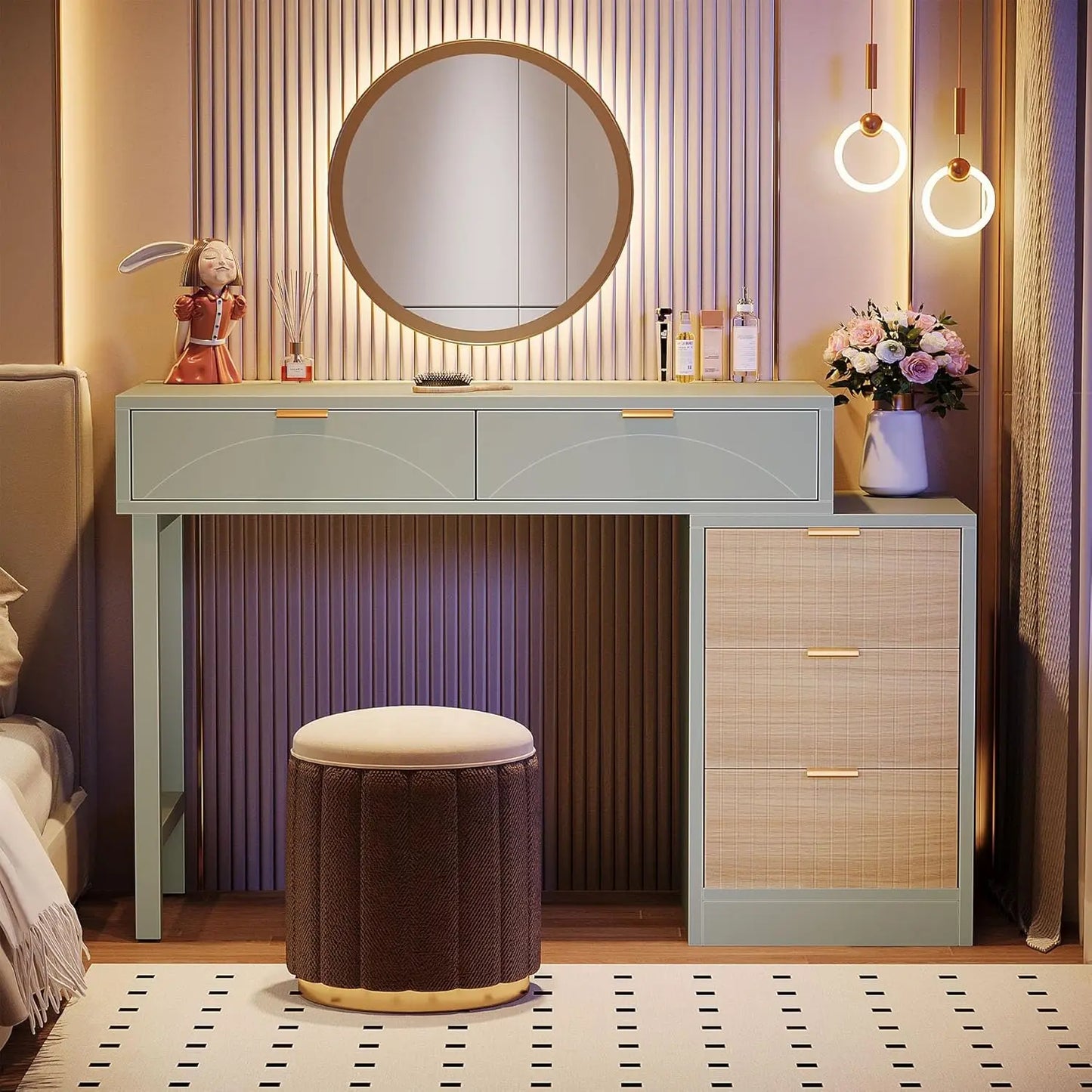 Frame Makeup Vanity Desk 5 Drawers Modern Wood Dressing Table