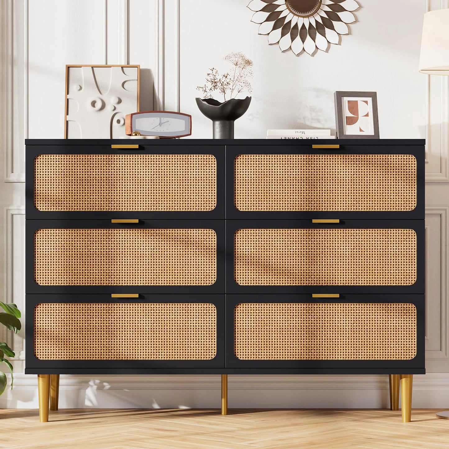HiMISS 6 Drawer Rattan Dresser Handwoven Wood Storage Cabinet