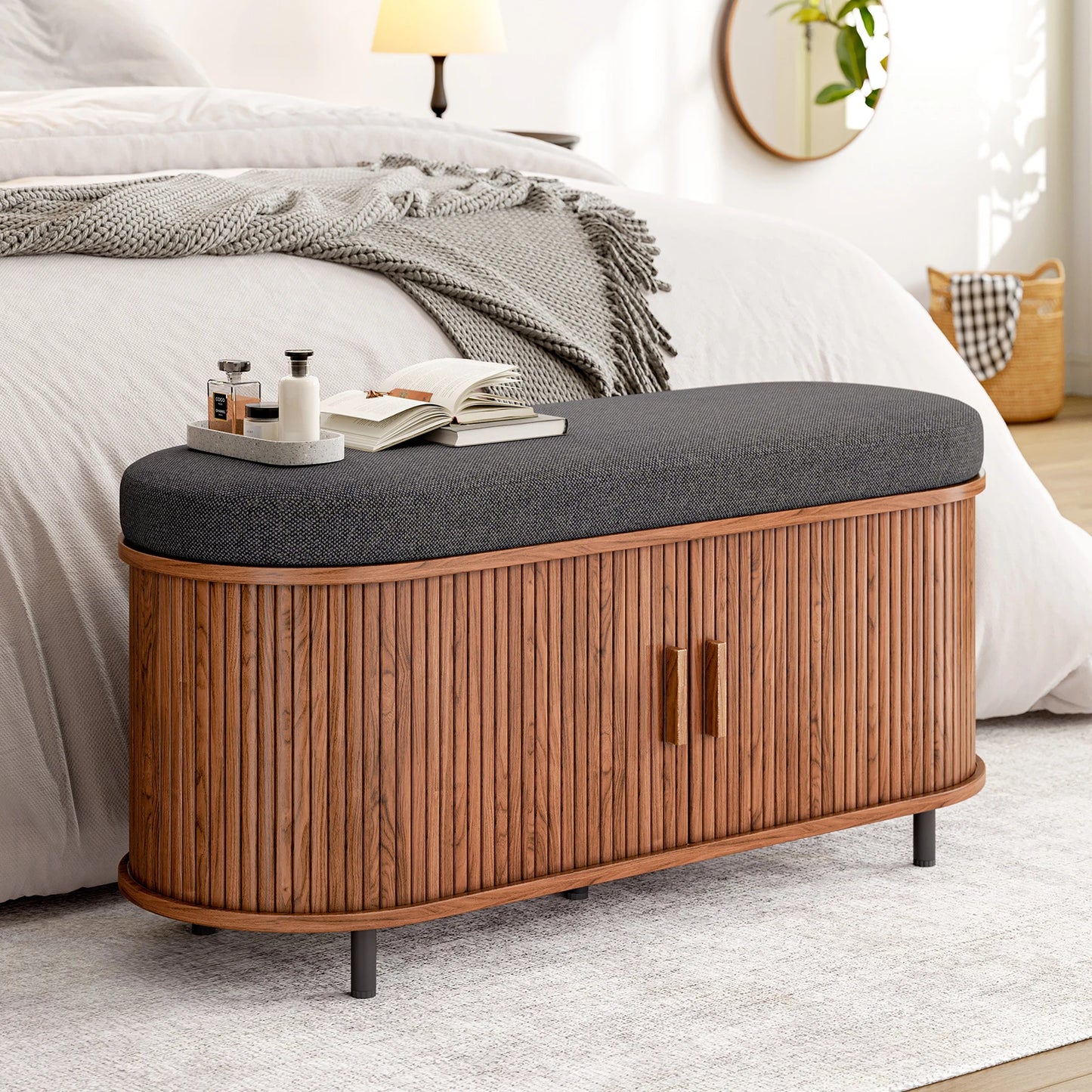 Shoe Storage Bench 3 Tier Organizer With Cushion Sliding Door