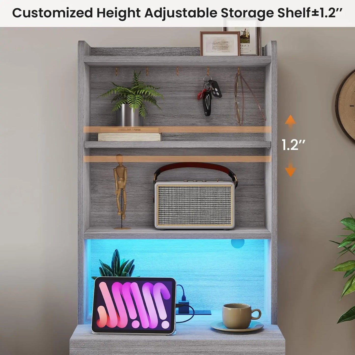 GUANGBAI Nightstand Set of 2 with Charging Station LED Lights
