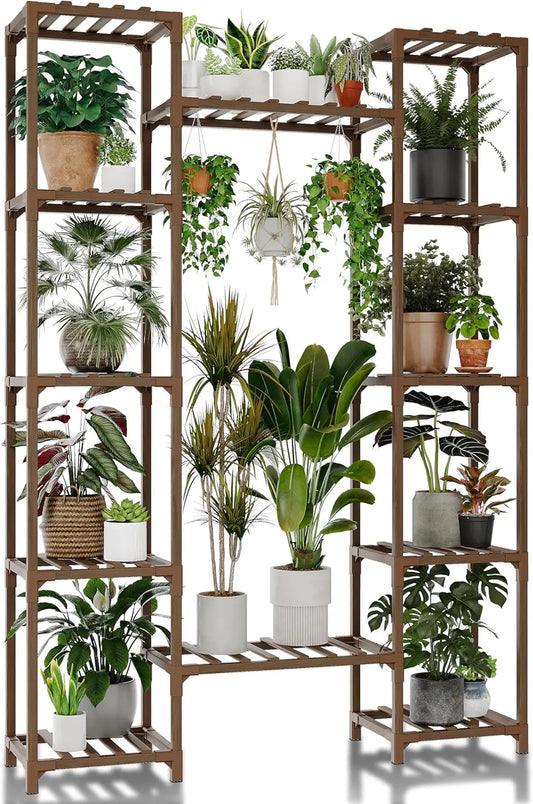Tall Tiered Plant Stand Indoor Outdoor Metal Frame Wooden Shelves