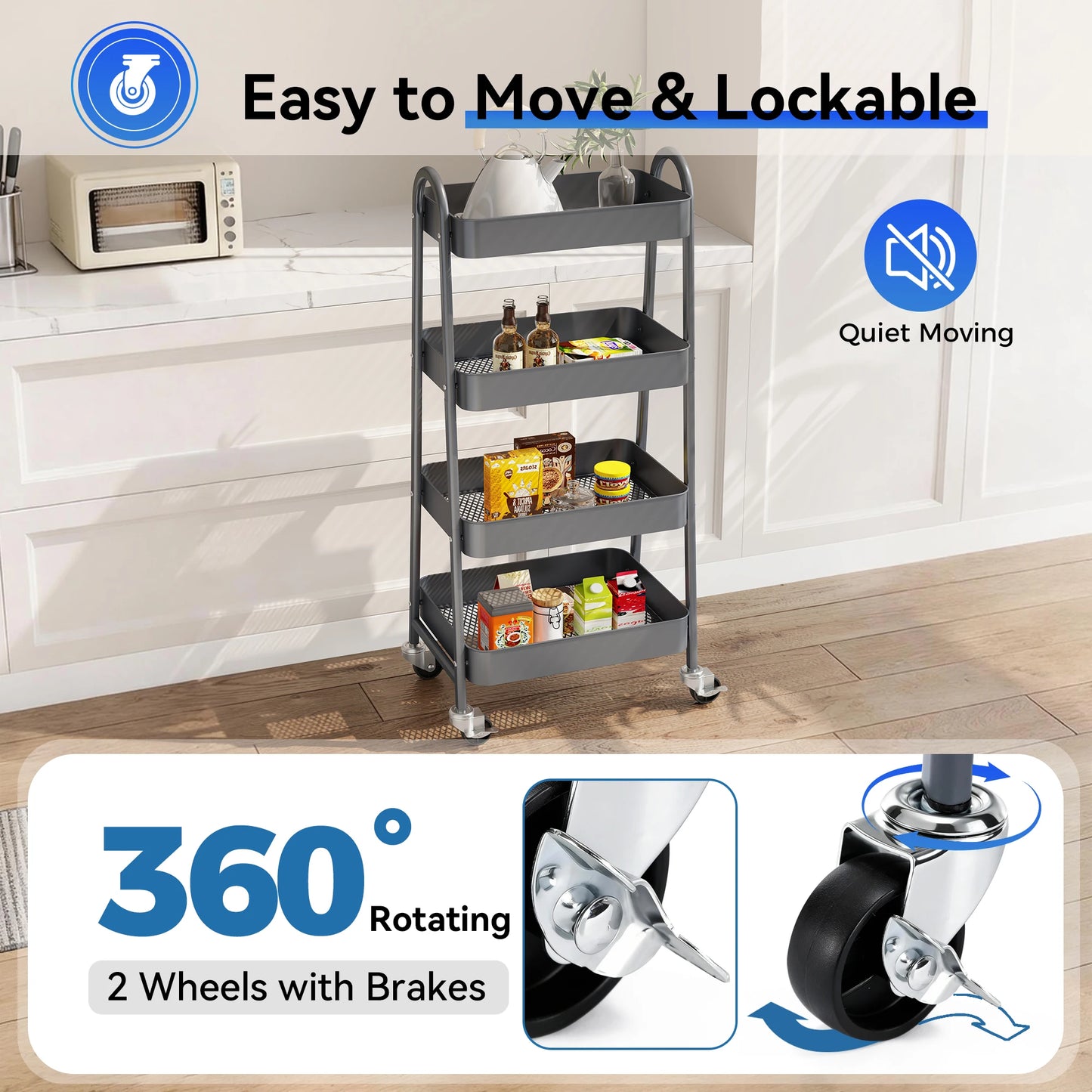 JHK 4 Tier Metal Kitchen Storage Cart With Lockable Wheels